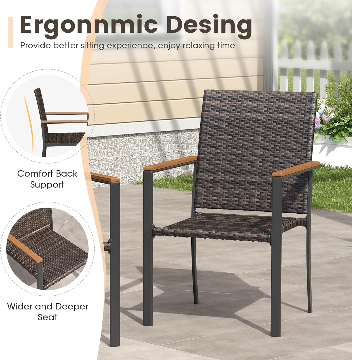 VICLLAX Patio Dining Chairs Set of 6, Outdoor Wicker Chairs w/Straight Armrests and Steel Frame for Patio, Deck, Backyard - Brown
