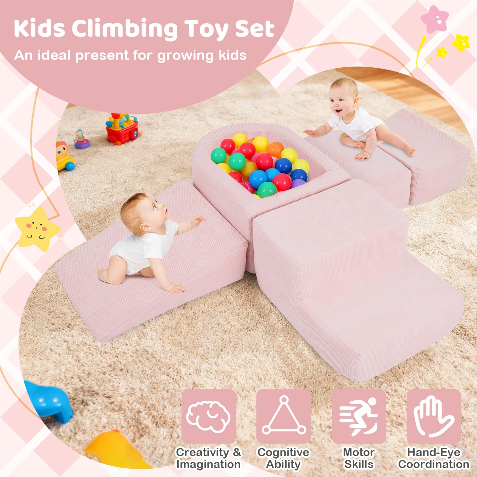 FANTASK 5-teilige Schaumstoffbausteine XXL, Riesen Kletterblöcke mit Bällebad, Großbausteine zum Toben & Klettern, Soft Spielbausteine für Zuhause, Kinderzimmer & Spielzimmer (Rosa, Cordstoff)