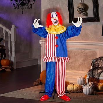 67 Animatronics Standing Red Blue Clown with Sound & Touch Activated, Light-up Eyes, Spooky Sounds, Motion - Life Size Halloween Decoration for Haunted House Props, Indoor/Outdoor Halloween Decor