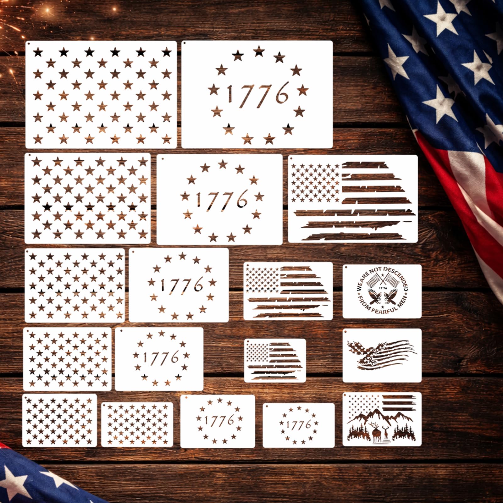 18 Pcs Large American Flag 50 Star Stencils for Painting, Reusable Patriotic 4th of July Stencil Kit with 1776 Designs for DIY Wood Signs, Wall, Canvas &amp; Fabric Crafts