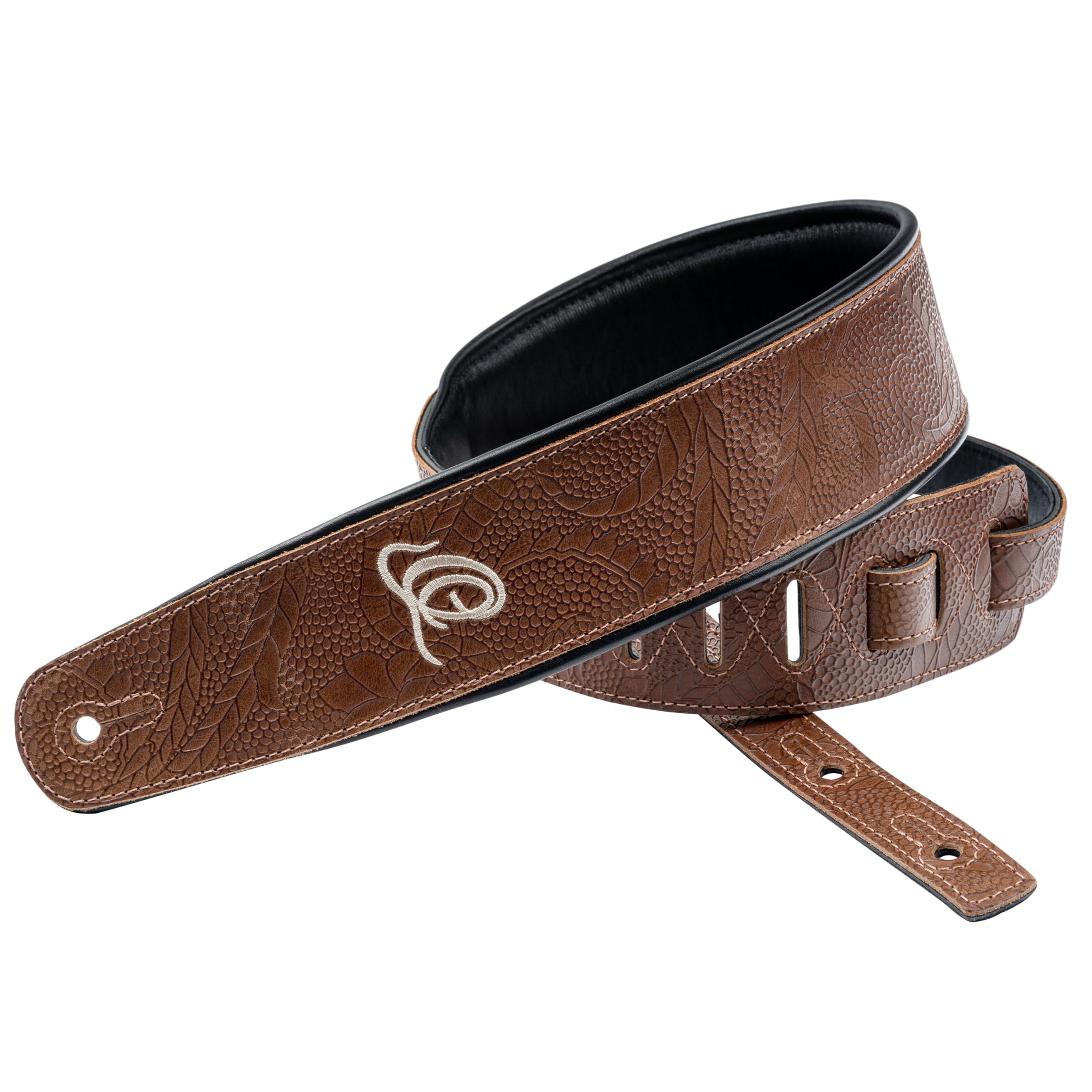 Ortega Guitars Gitarrengurt Länge Verstellbar - Akustik Gitarre / Bass, E-Gitarre, E-Bass - Custom Series - Echtleder, Natural Brown Flora (OSCU-2)