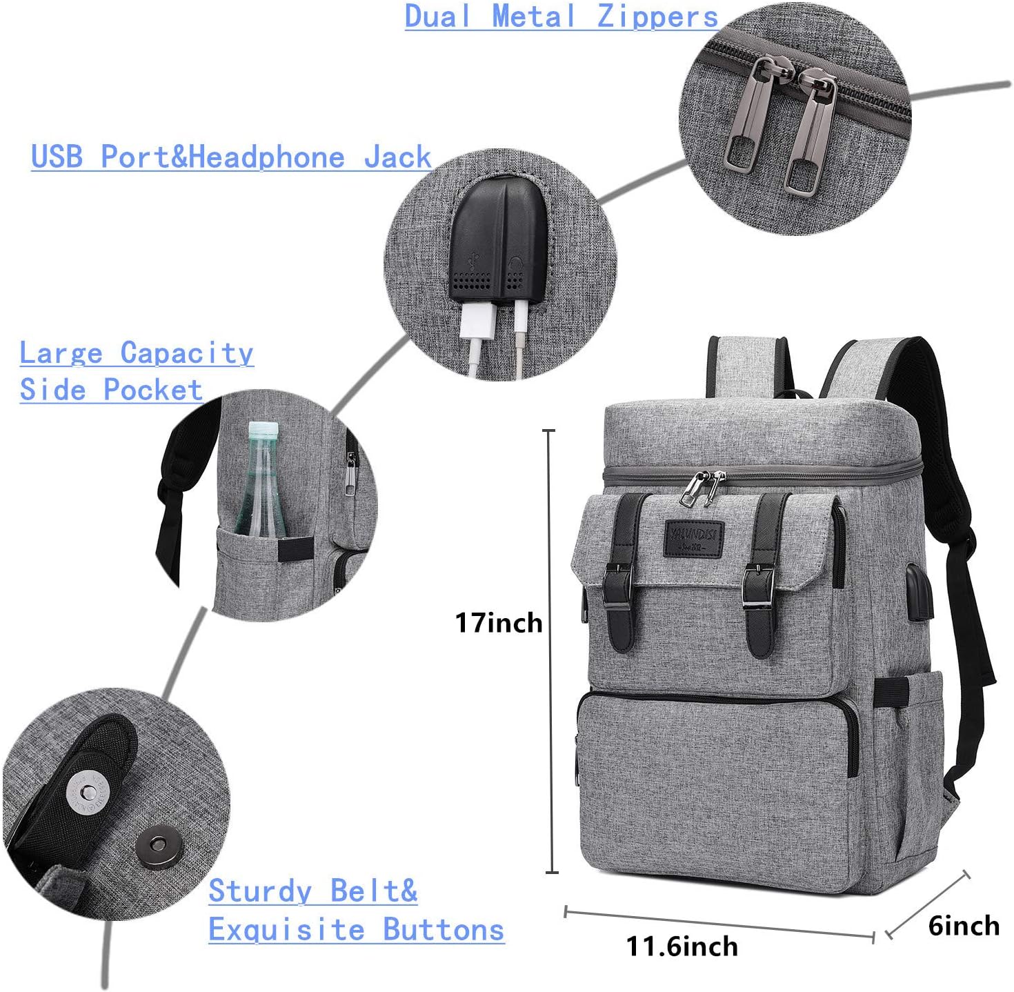 YALUNDISI Vintage Backpack for Men Women Laptop Backpack Bookbags College Backpack 16 inch Grey - Image 5