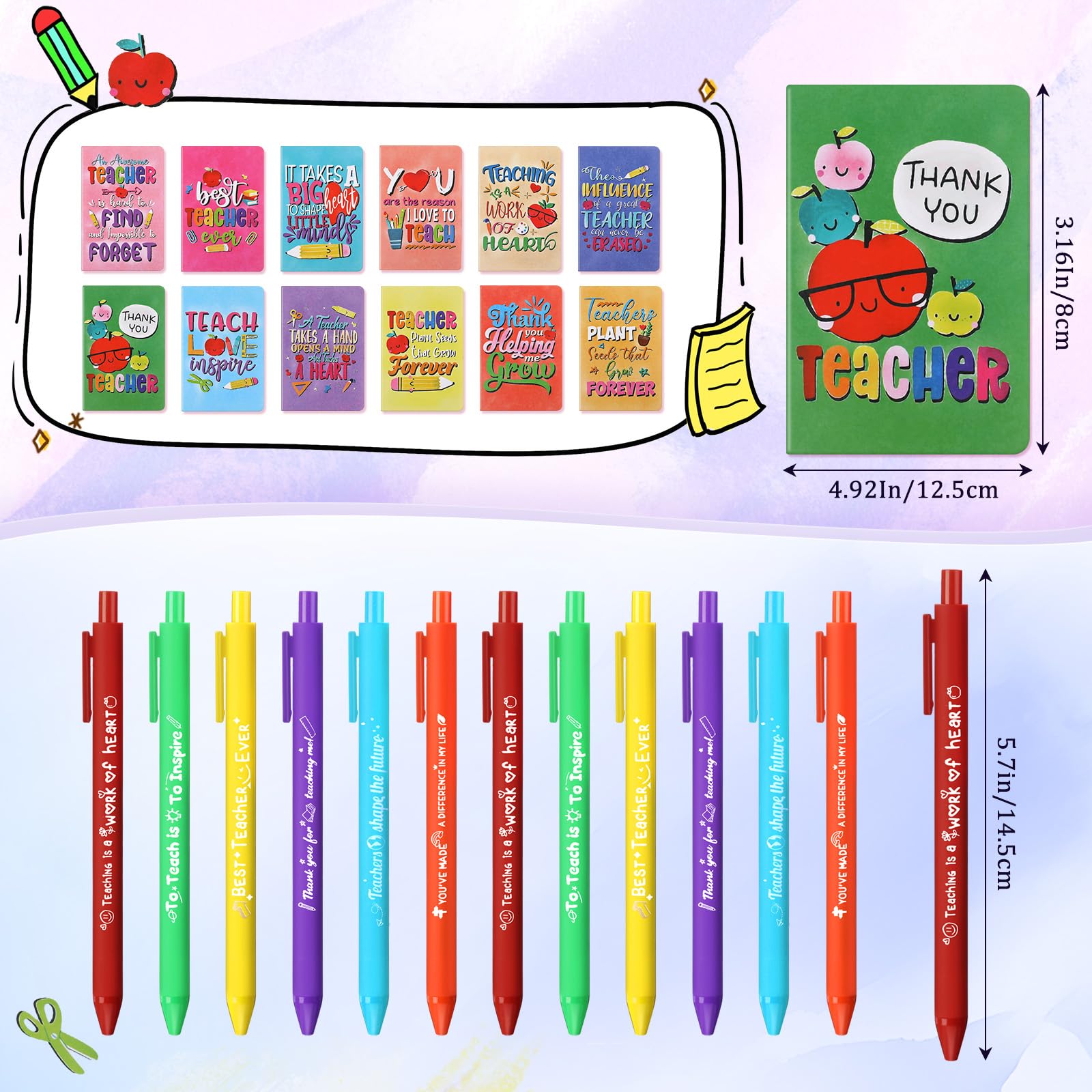 Pasimy 145 Pcs Teacher Appreciation Gifts Set Thank You Teacher Notebooks Pens Inspirational Stickers Apple Stress Ball Paper Clip Keychain Teacher's Day Gifts for School Classroom Office Supplies