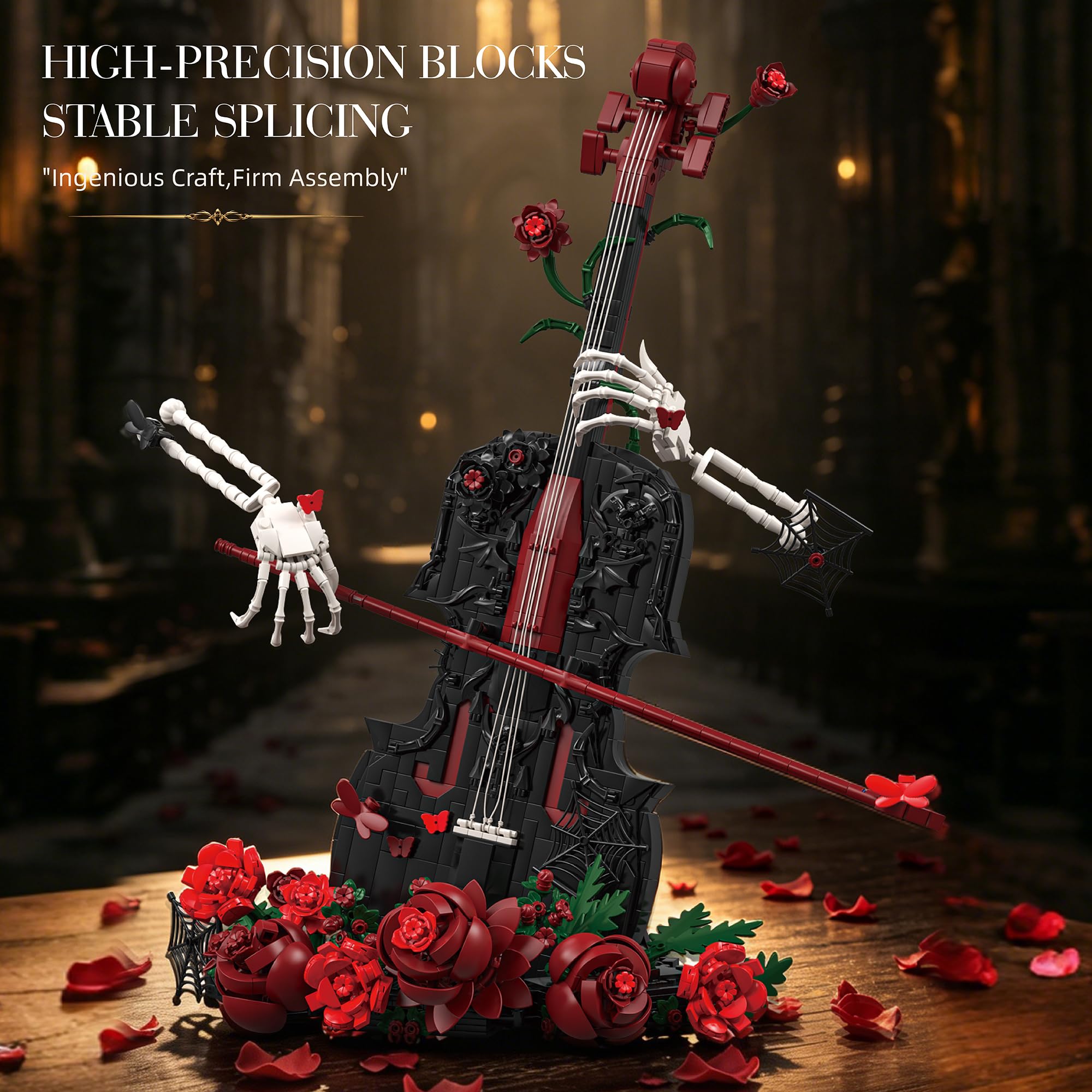 QuirkQuest Gothic Rosen Geigen Bauklötze Set, 1429 Teile Musikinstrument Modell mit Sammlbares Skelett Händen & roten Rosen, Dekoratives Baukasten Display für Erwachsene & Teenager