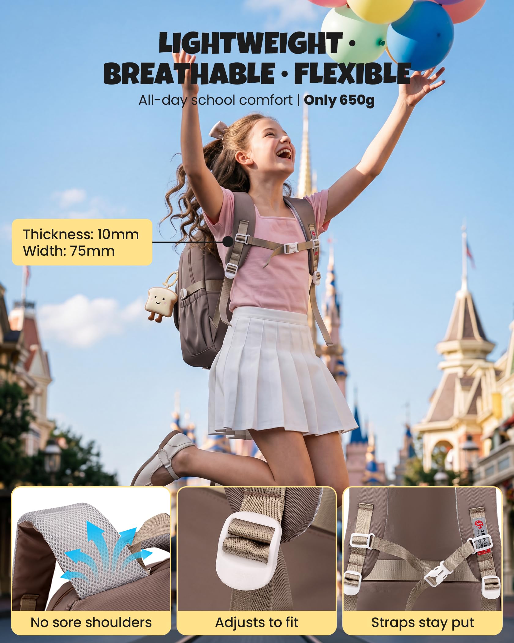 Amythe Schulrucksack Teenager 36L für Mädchen ab 5. Klasse, Großer Rucksack mit Trolleyband, Braun