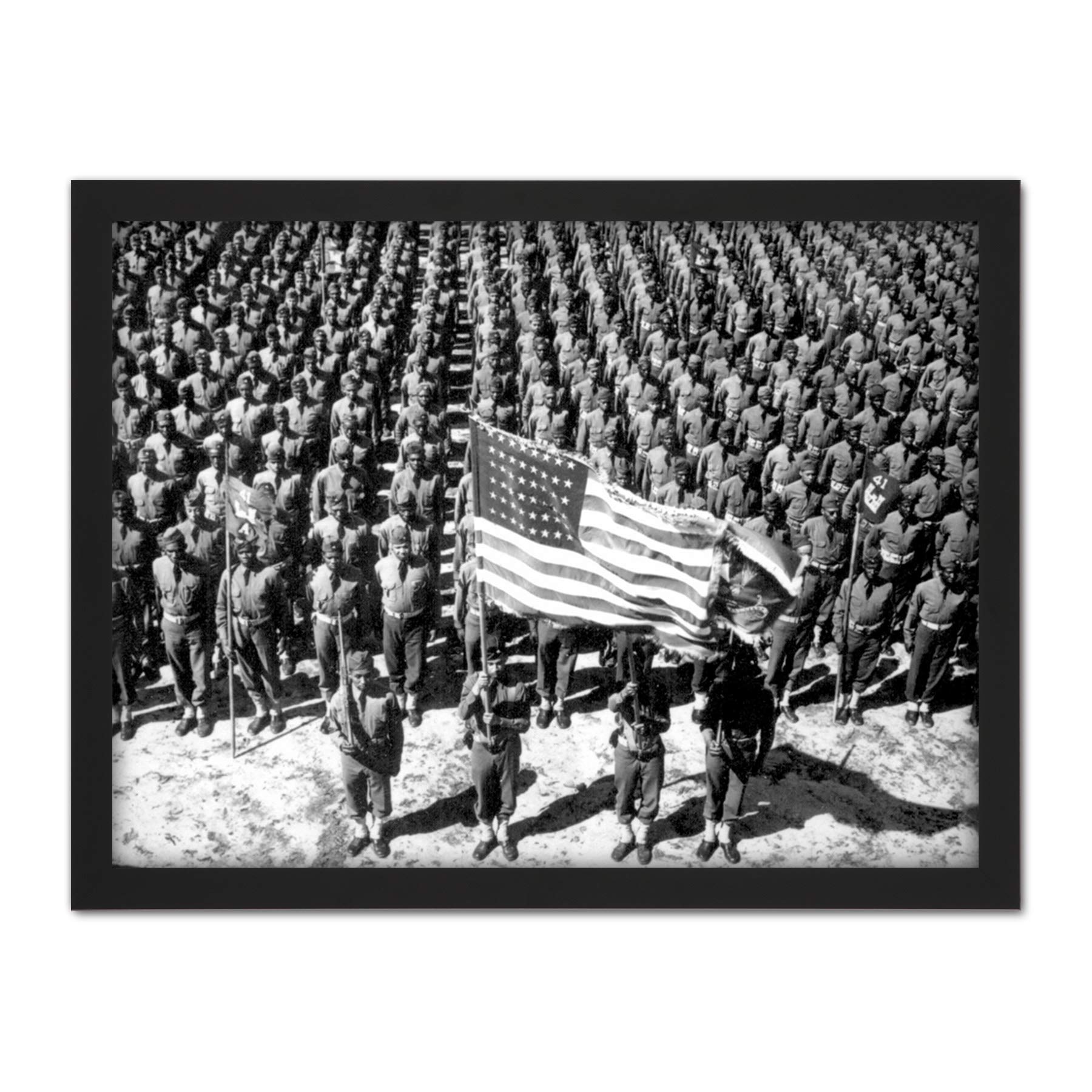 War WWII USA African American Soldiers Parade Photo Artwork Framed Wall Art Print 18X24 Inch
