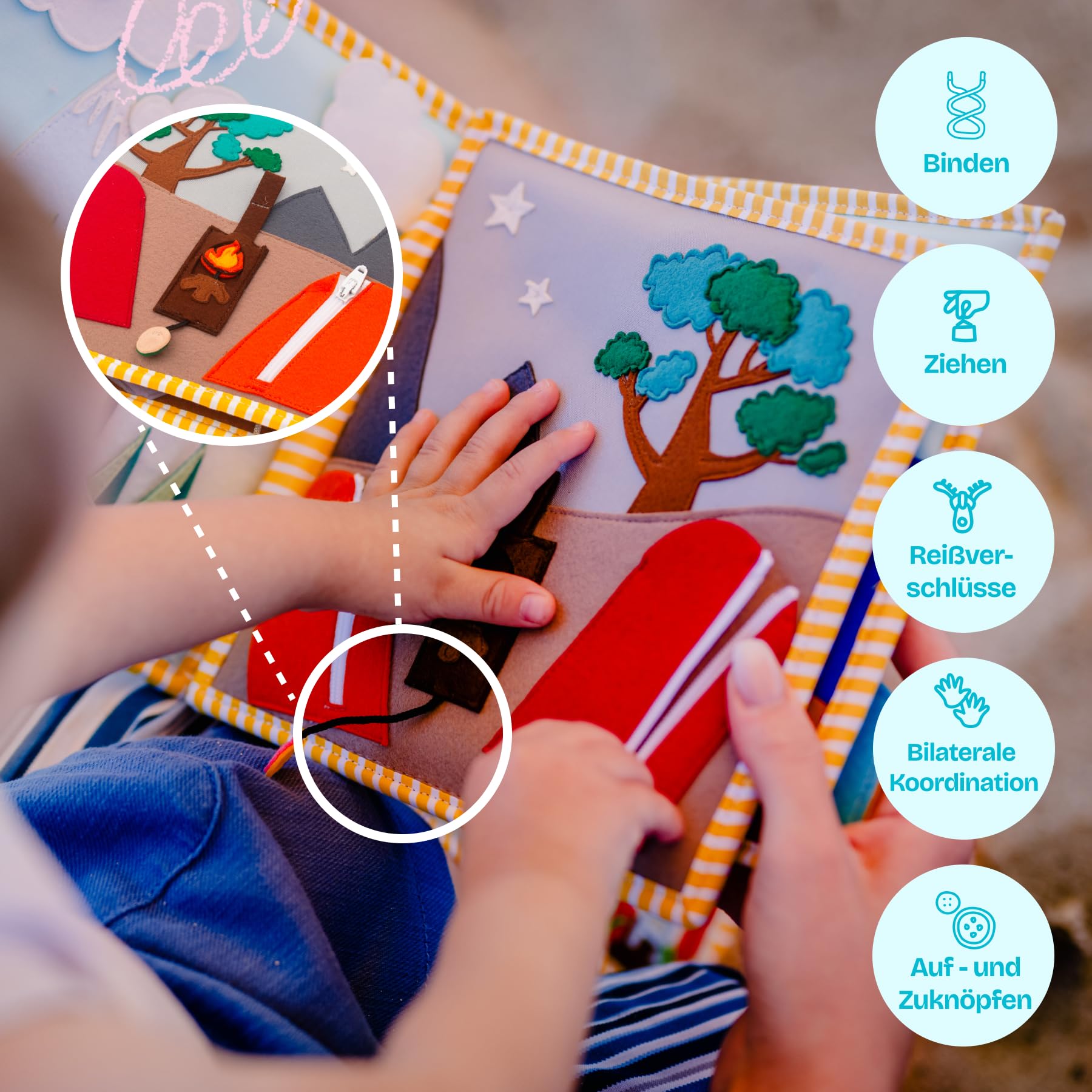 Jolly Designs – Globetrotter - 6 Seiten Quiet Book – Montessori Spielzeug ab 2 Jahren – Motorik & Sensorik fördern – Handgefertigtes Filzbuch – Lernspielzeug für Kleinkinder – Busy Book für unterwegs