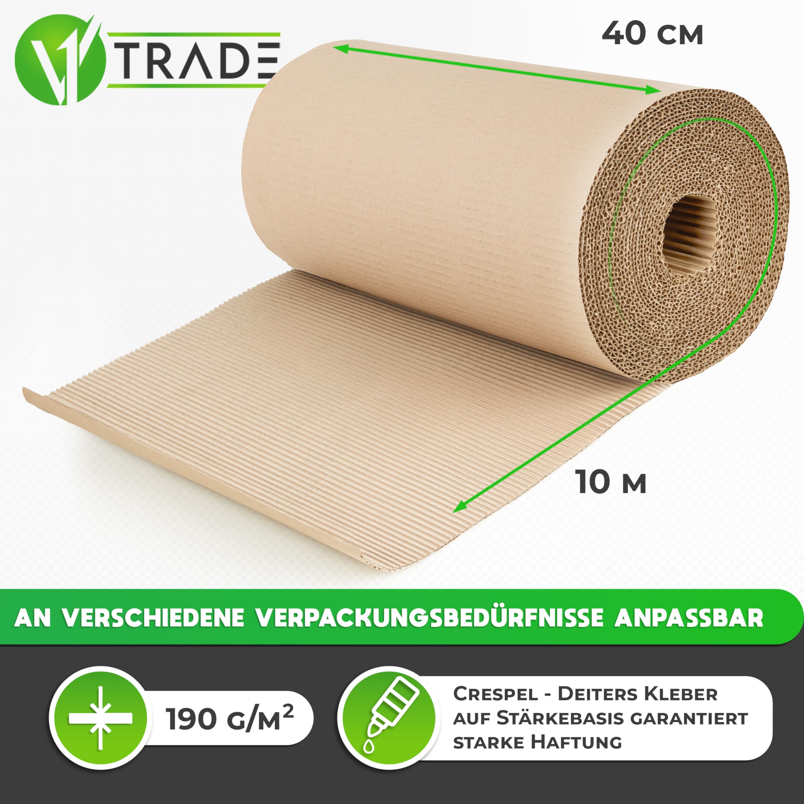 V1 TRADE Wellpappe Rolle 40cm x 10m - Rollenwellpappe 190g/m2 - Verpackungsmaterial für Sicheren Versand und Lagerung - Umweltfreundlich und Recyclebar