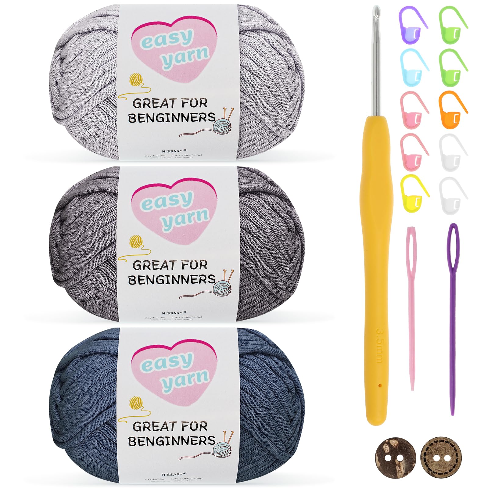 Chunky Crochet Yarn 3-Pack 50g - Cotton Yarn for Beginners with 3.5mm Hook - Thick Wool Amigurumi Starter Kit