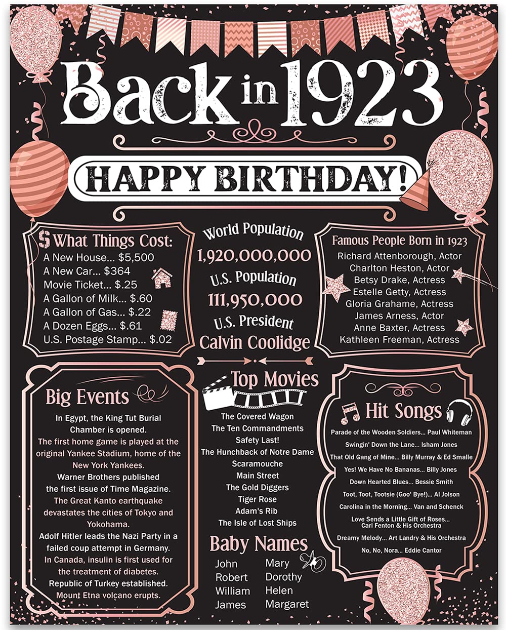 102nd Birthday Party Decorations for 102nd Birthday (One-hundred and two) - Remembering The Year 1923 - Supplies - Gifts for Men and Women Turning 102 - Back In 1923 Birthday Card 11x14 Unframed Print