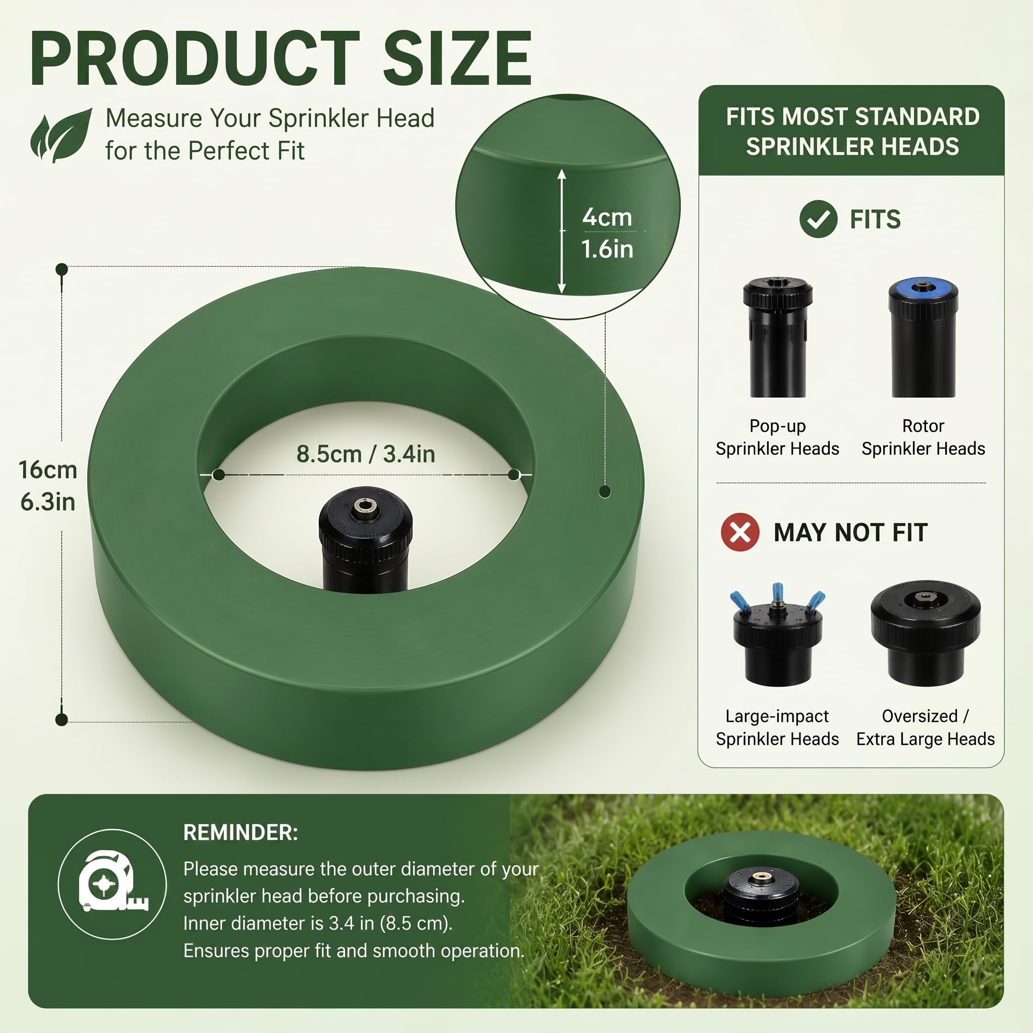 Protector Para Cabeza De Rociador De Césped De Concreto - Orificio Interior De 3 Pulgadas, Color Verde Claro (Hecho A Mano)