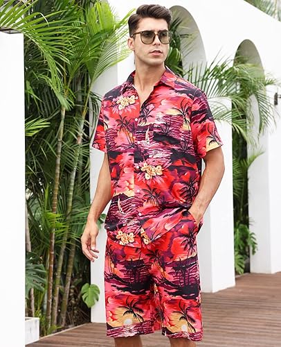 Vista 2 de MRIGNT Men's Hawaiian Shirt and Short, 2 Piece Vacation Outfits Sets Short Sleeve Shirt Beach Casual Button Down Shirts Suits