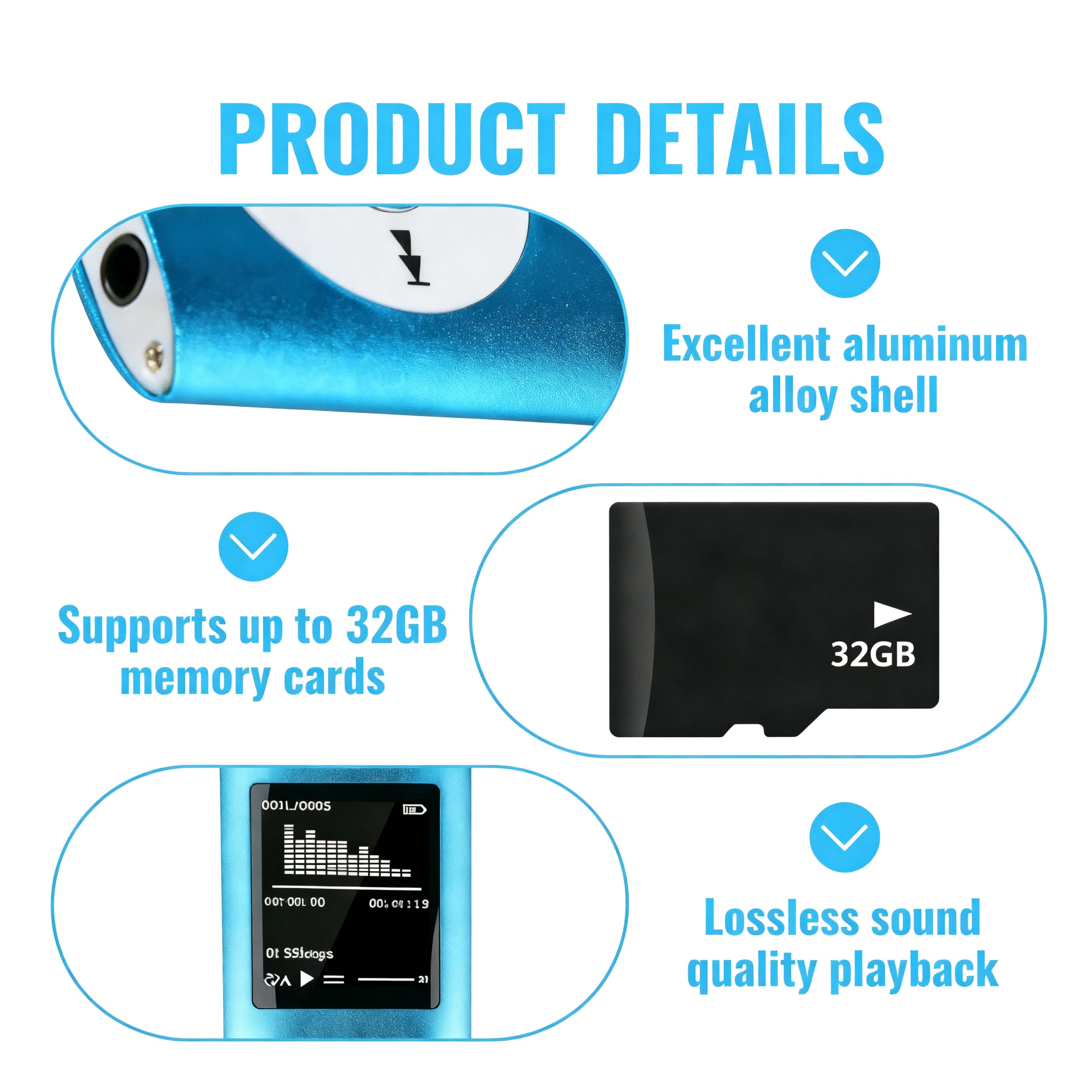 Lecteur de Musique HiFi Portable sans Perte MP3/MP4 avec 1.8 Pouces Écran LCD et Lecteur de Carte Mémoire, 32GB, Bleu
