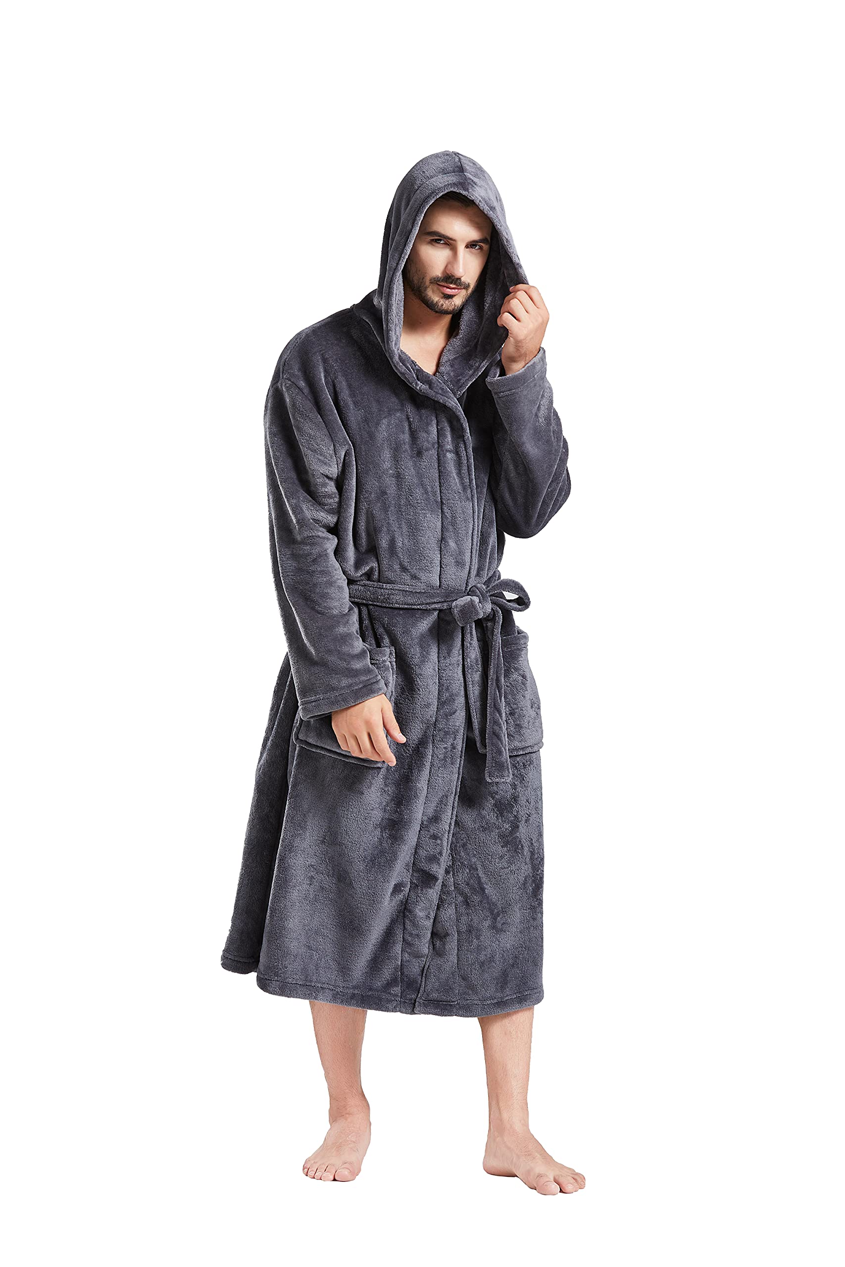 FashGudim Mens Hooded Robe Plush Shawl Collar Kimono Bathrobe Soft Warm Flannel Fleece Spa Robes House Coat Pajamas