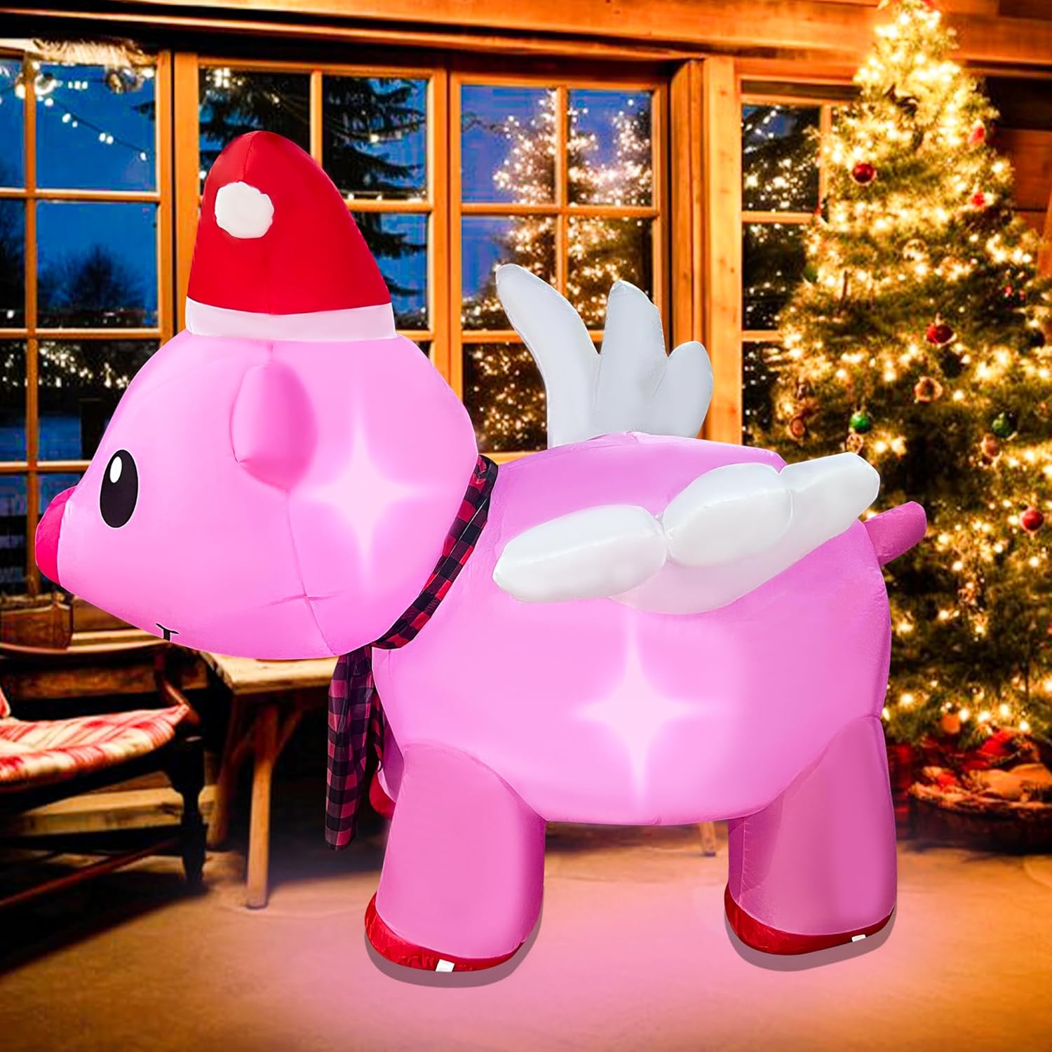 BLOWOUT FUN 4ft Inflatable Christmas Flying Pink Piggy Decoration, LED Lighted Blow Up Decor Indoor Outdoor Holiday Art Decor Decorations - Image 3