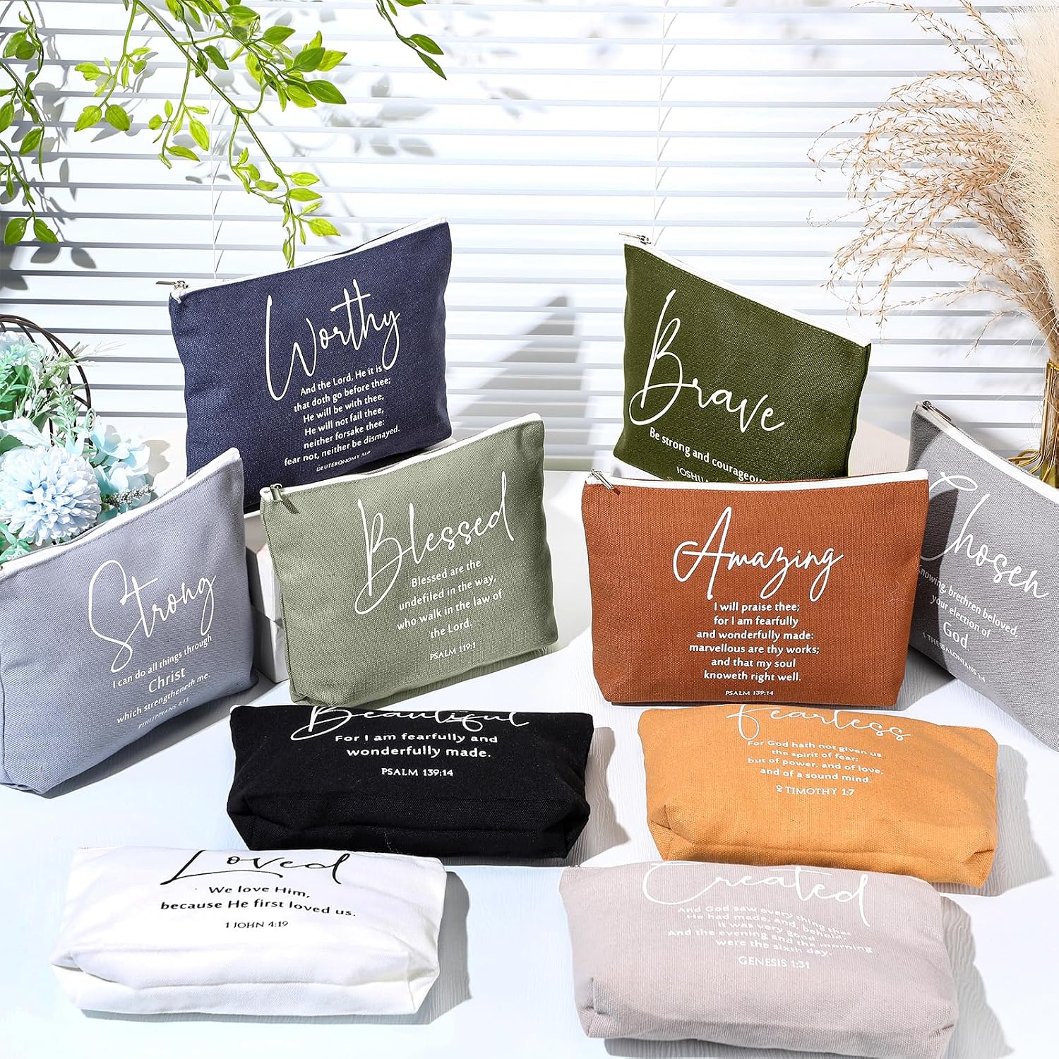 Huhumy 20 Pcs Christian Gifts for Women Bulk Religious Bible Verse Makeup Bag Inspirational Scripture Cosmetic Bag with Zipper VBS Graduation Church Favors for Ladies(Neutral,Bible Words)