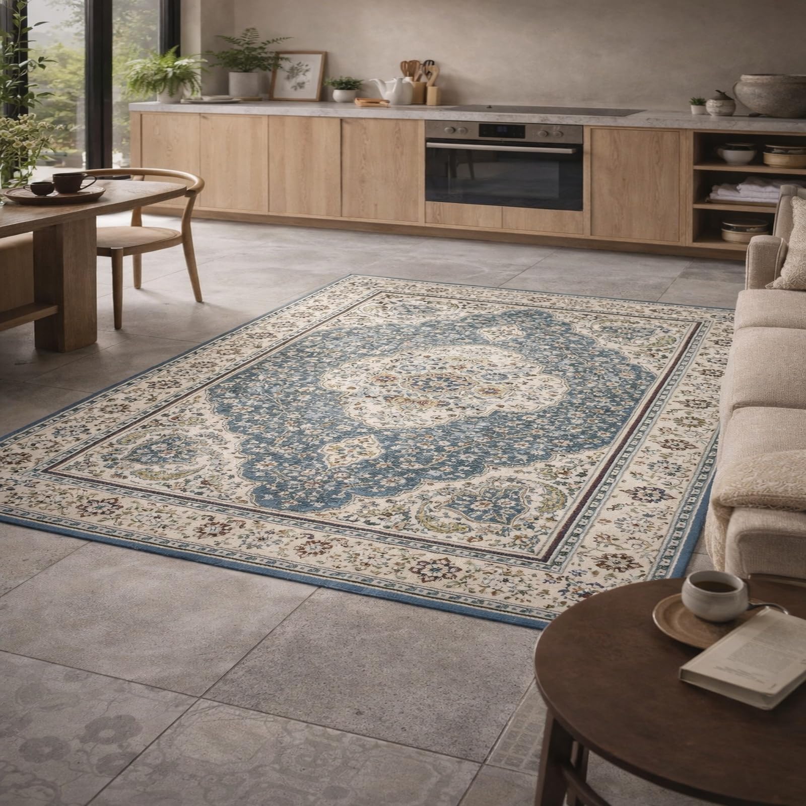 Tapis poil ras bleu et beige 200x250 lavable pour chambre et salon