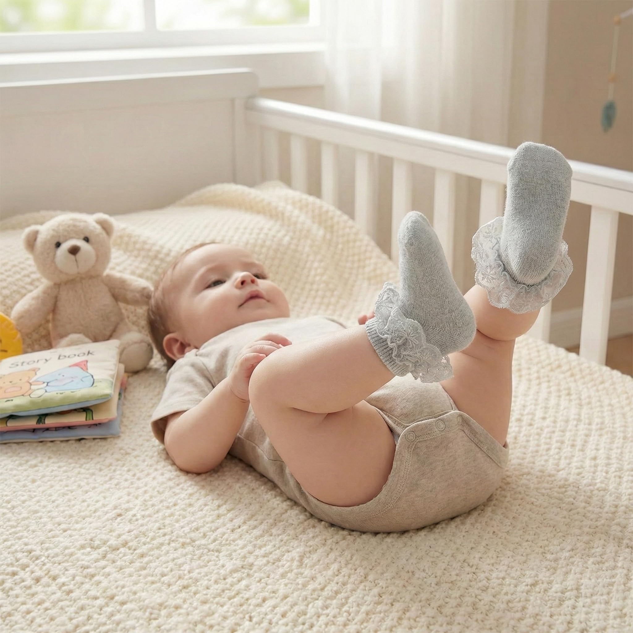 6 Paar Baby-Socken mit Schleifen für Neugeborene, Prinzessinnenrüschen, gestrickte Baumwollsocken für Säuglinge, Kleinkinder, Kinder