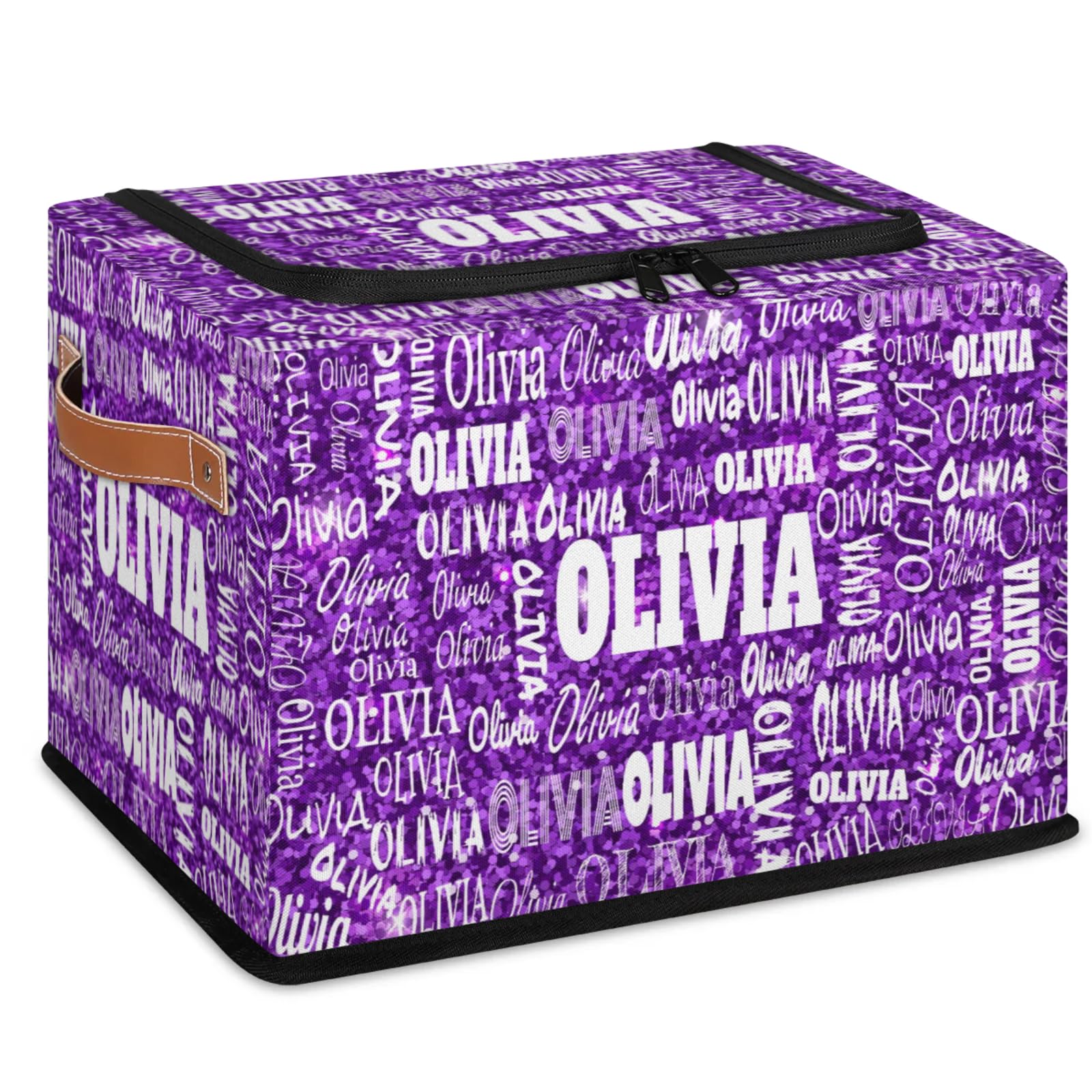 KFNHN Custom Name Storage Bin with Lid Zipper, Personalized Rectangular Storage Basket with Handles for Organizing Girls Toys Office Closet Shelf