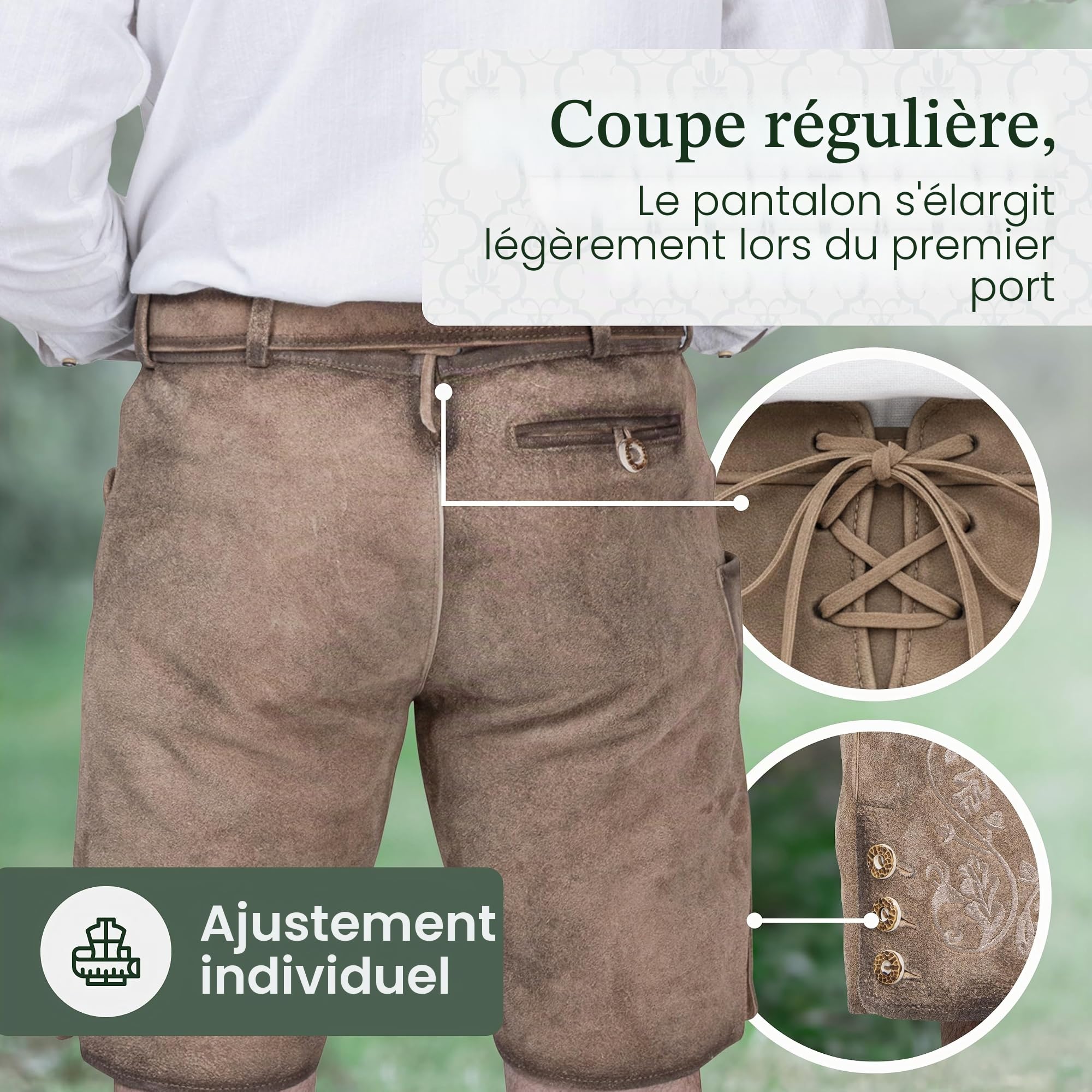 Schöneberger Trachten Couture Lugano Pantalon court en cuir pour homme avec ceinture traditionnelle vintage pour fête de la bière en nubuck