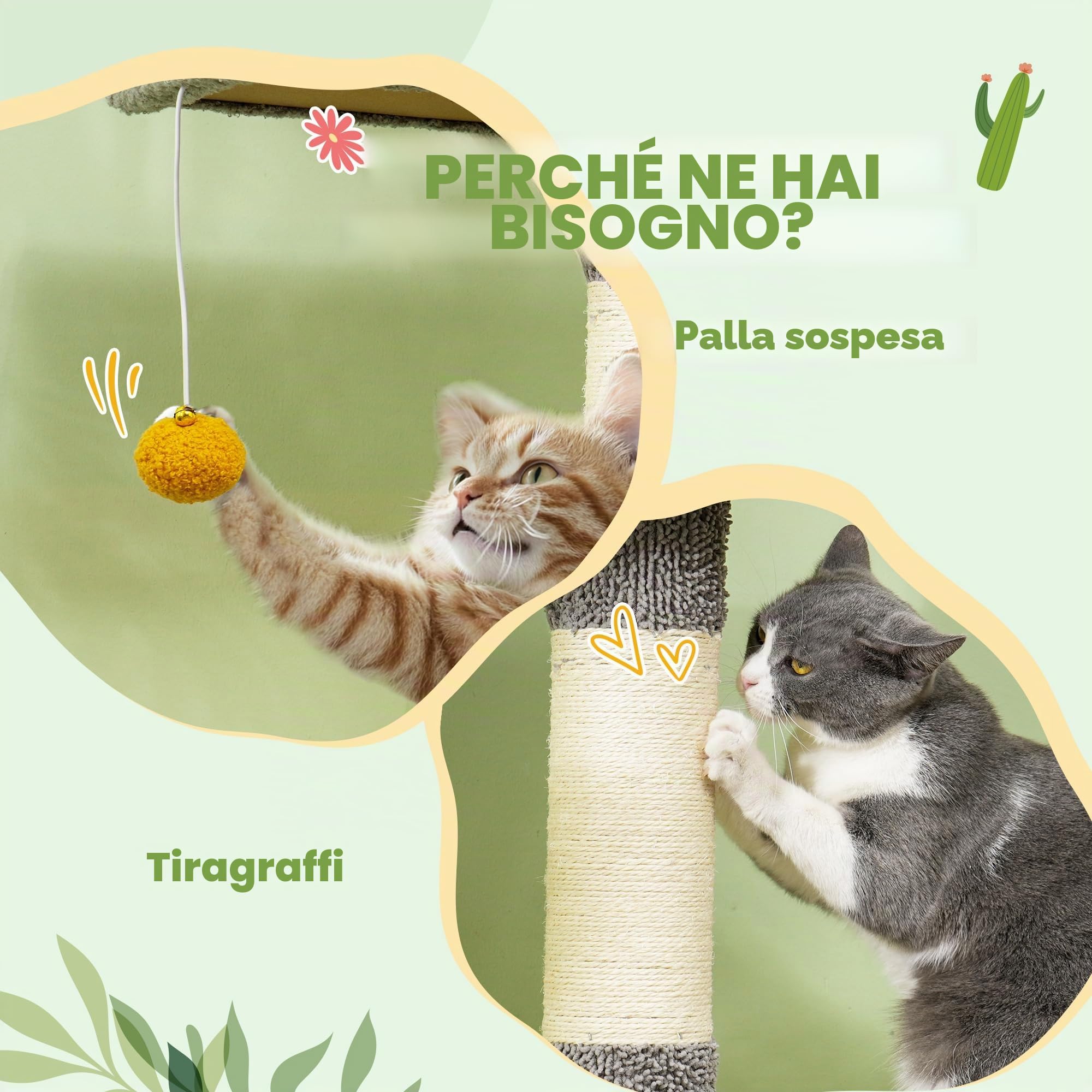 PawHut Albero per gatti da pavimento a soffitto, altezza 275 cm, torre gioco per gatti, 6 livelli, con piattaforme, cuccia, amaca, palla, tiragraffi, per arrampicarsi, graffiare e giocare, grigio | Torre gioco per gatti, piattaforme, nicchia, palla, tirag