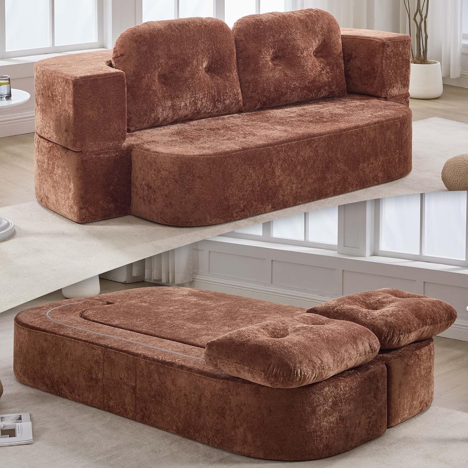 Tmsan 78.7" W Boneless Cloud Loveseat Sofa, 2 in 1 Convertible Floor Folding Couch Bed, No Assembly Compressed Foam Lounge Sofa Sleeper for Dorm Apartment Office Bedroom Living Room Small Spaces