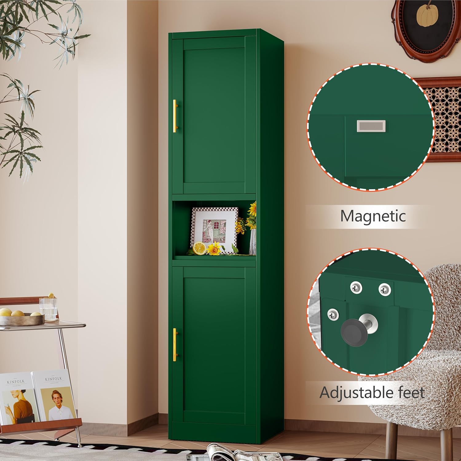 67" Metal Storage Cabinet, Steel Corner Floor File Cabinet with 2 Doors and Adjustable Shelves, Kitchen Pantry Storage for Bathroom, Living Room, Green, 15.75" D x 19.69" W x 66.93" H