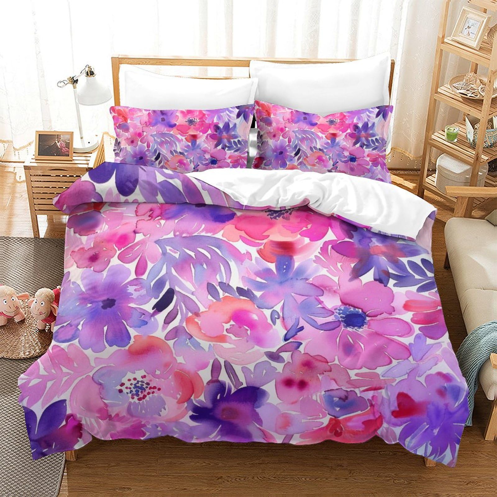 Parure de couette fleurs aquarelle 3D respirante 3 pièces microfibre