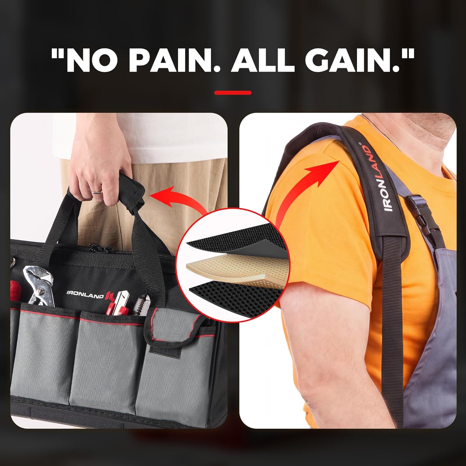 IRONLAND Hard & Sturdy Bottom Tool Bag Organizer 16.5 Inch for Men, Waterproof Heavy Duty Tool Bag with Soft Handle Large Zipper, Ideal for Mechanics Electrician Handyman Hvac, Great Gift for Dad - Image 4
