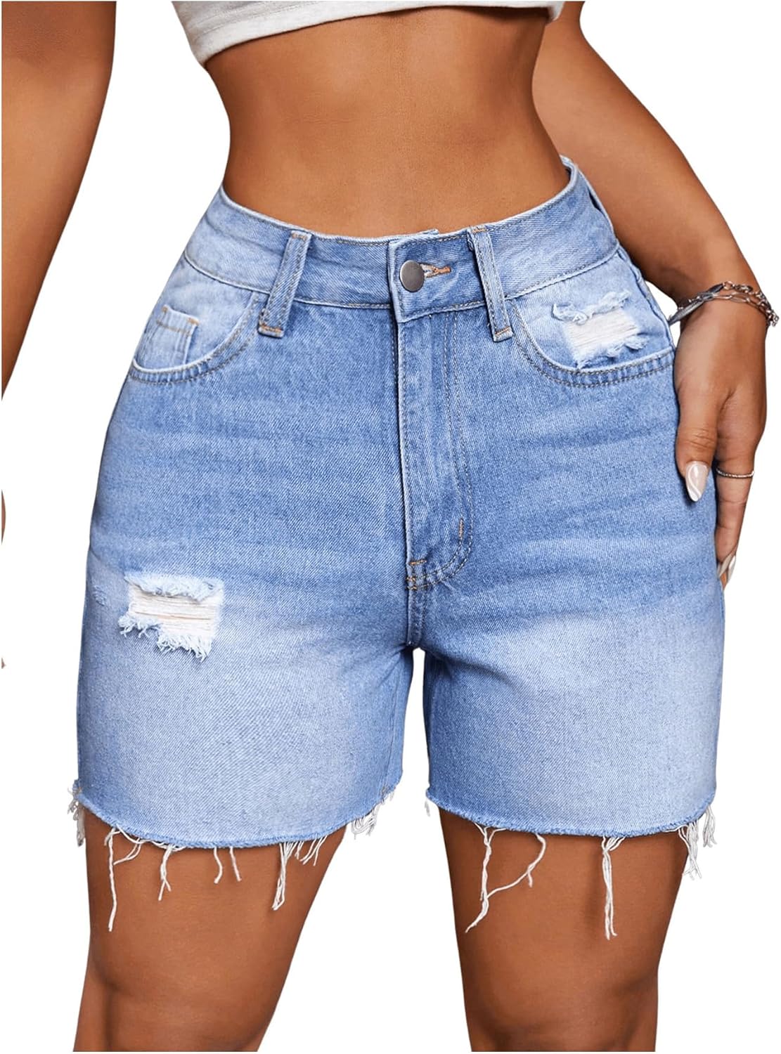 WDIRARA Women's High Waisted Distressed Ripped Raw Hem Denim Shorts with Pockets