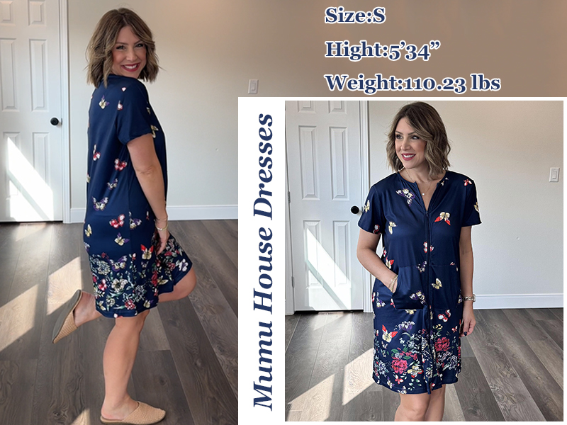 Image of Ekouaer Women Robes Lightweight House Coat Short Sleeve Floral Print Mumu House Dresses with Pockets Zipper Nightgowns