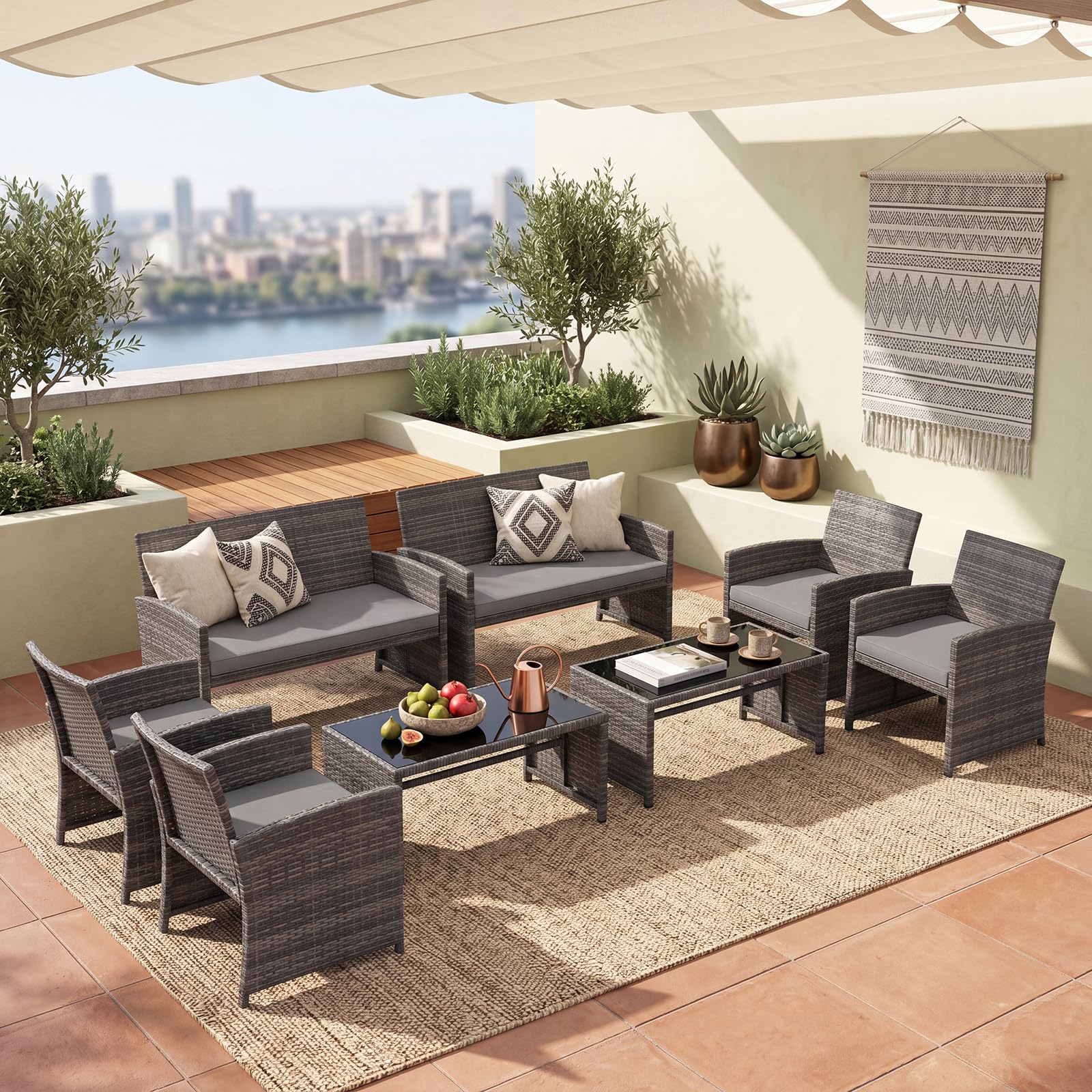 GIANTEX Set di mobili da giardino in rattan, 4 pezzi, divano a 2 posti, 2 poltrone, tavolino con ripiano in vetro, per 4 persone, tavolo e sedie per terrazza, patio (grigio)
