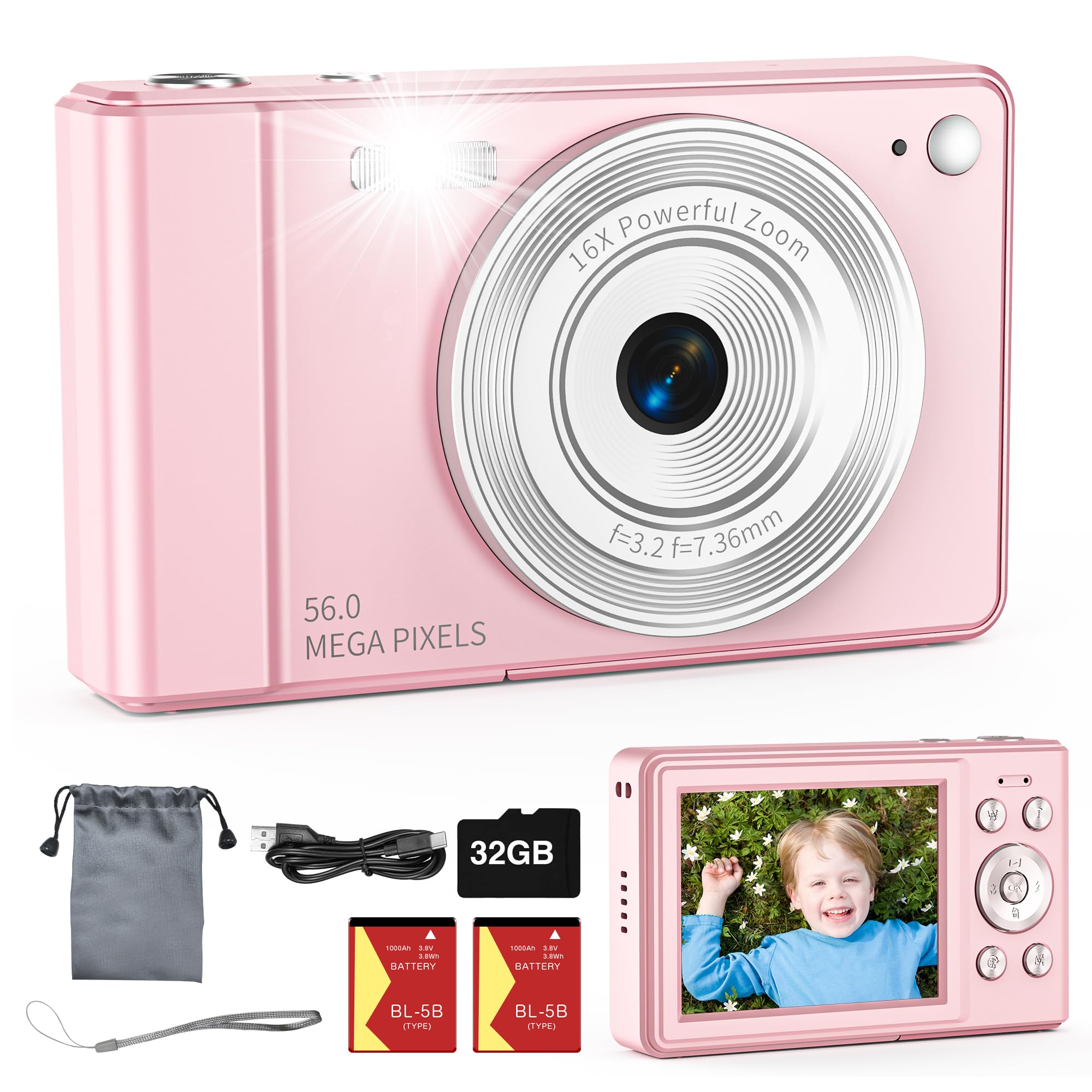 Upgrade Digital Camera, 56MP FHD 1080P for Kids with 16x Zoom Anti Shake, 32GB TF Card, Two Batteries, Lanyard, Compact Small for Boys Girls (Pink)