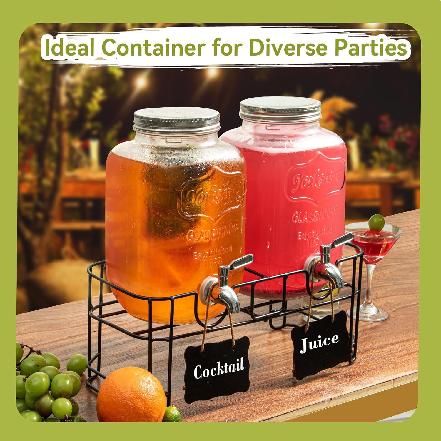 2-Pack 1-Gallon Glass Drink Dispensers with Heavy-Duty Wire Stand - 304 Stainless Steel Spigot (100% Leakproof) - Mason Jar Beverage Dispenser for Parties, Lemonade, Kombucha - Wide Mouth