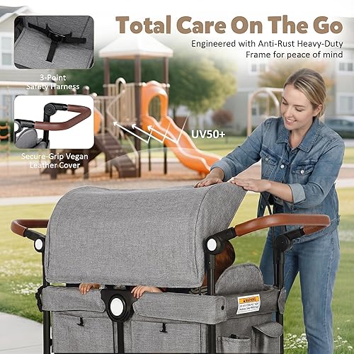 Miniatura 3 de Cochecito Wagon para 2 niños, carrito plegable para niños con arneses, mango doble ajustable de empuje, toldo extraíble, bandeja para aperitivos,