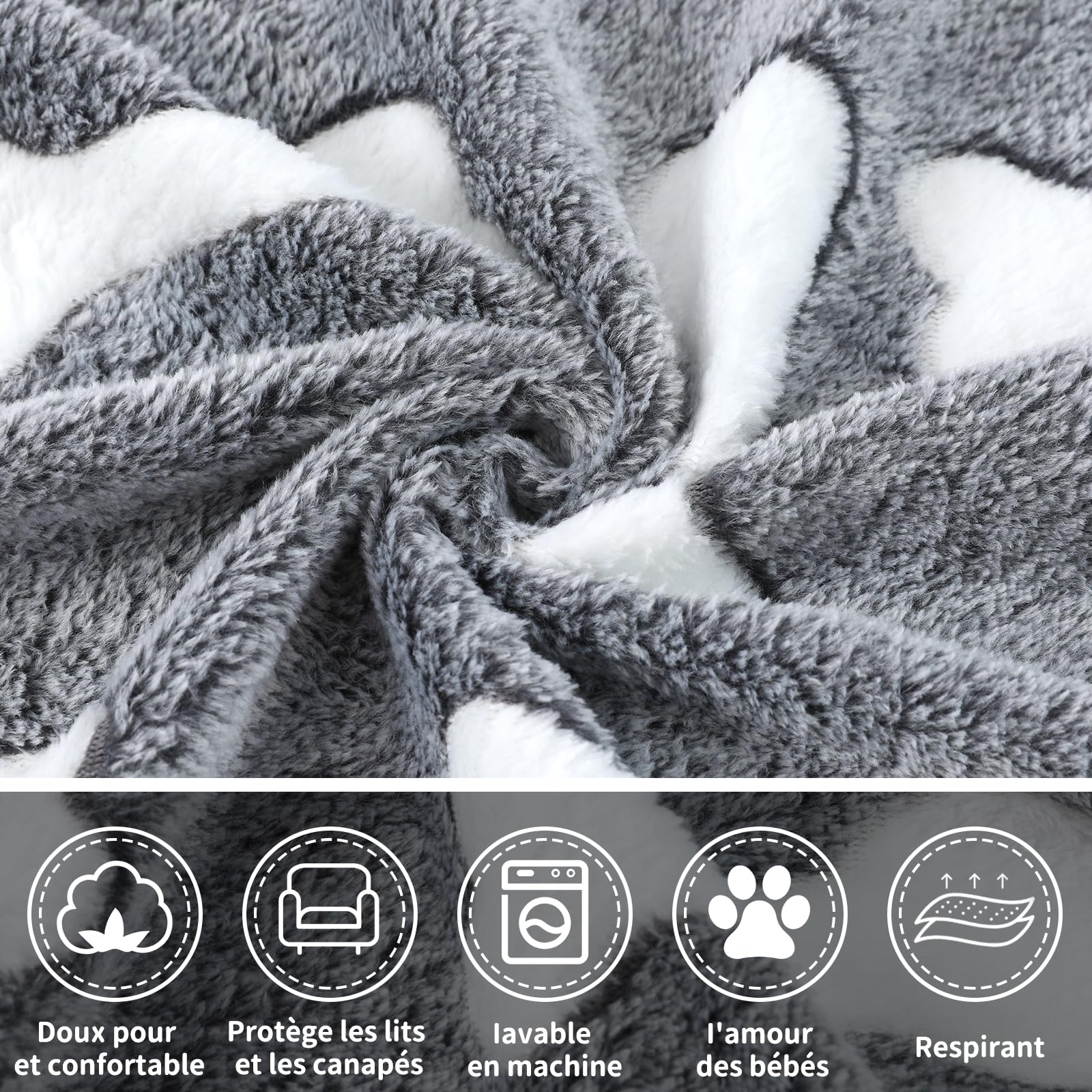 COMSLE Couverture pour Chien Chat Pelucheuse et Lavable, Lot de 3, Plaid Polaire pour Chien Chat de Compagnie pour Canapé/Divan/Lit, Convenant aux Petits et Moyens Chien et Chat Os Gris 40 * 60CM