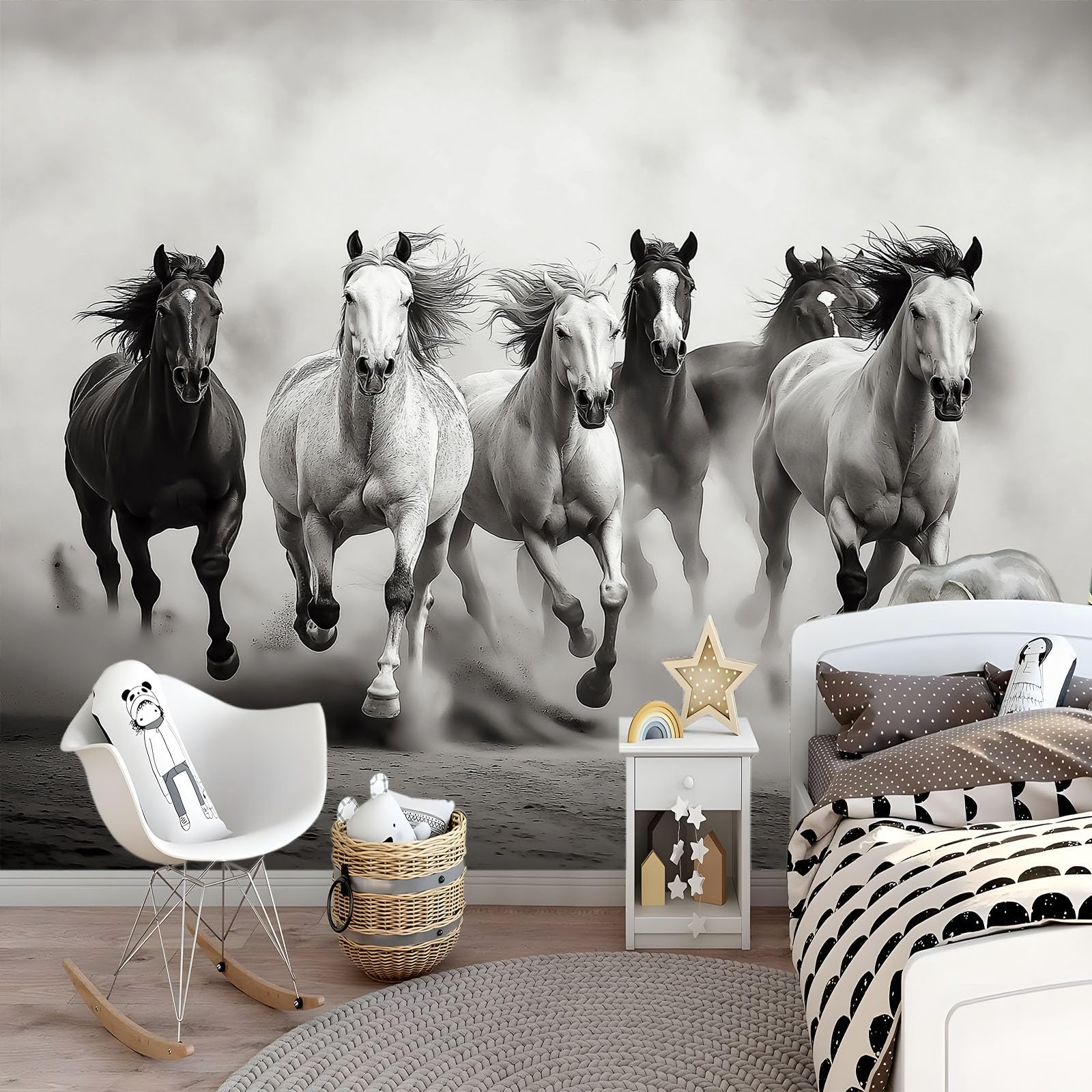 Papel pintado panorámico desierto estampado animal caballo, foto mural moderna 400An x 280Al cm - Papel pintado decoración hogar blanco y negro para salón habitación habitación infantil oficina