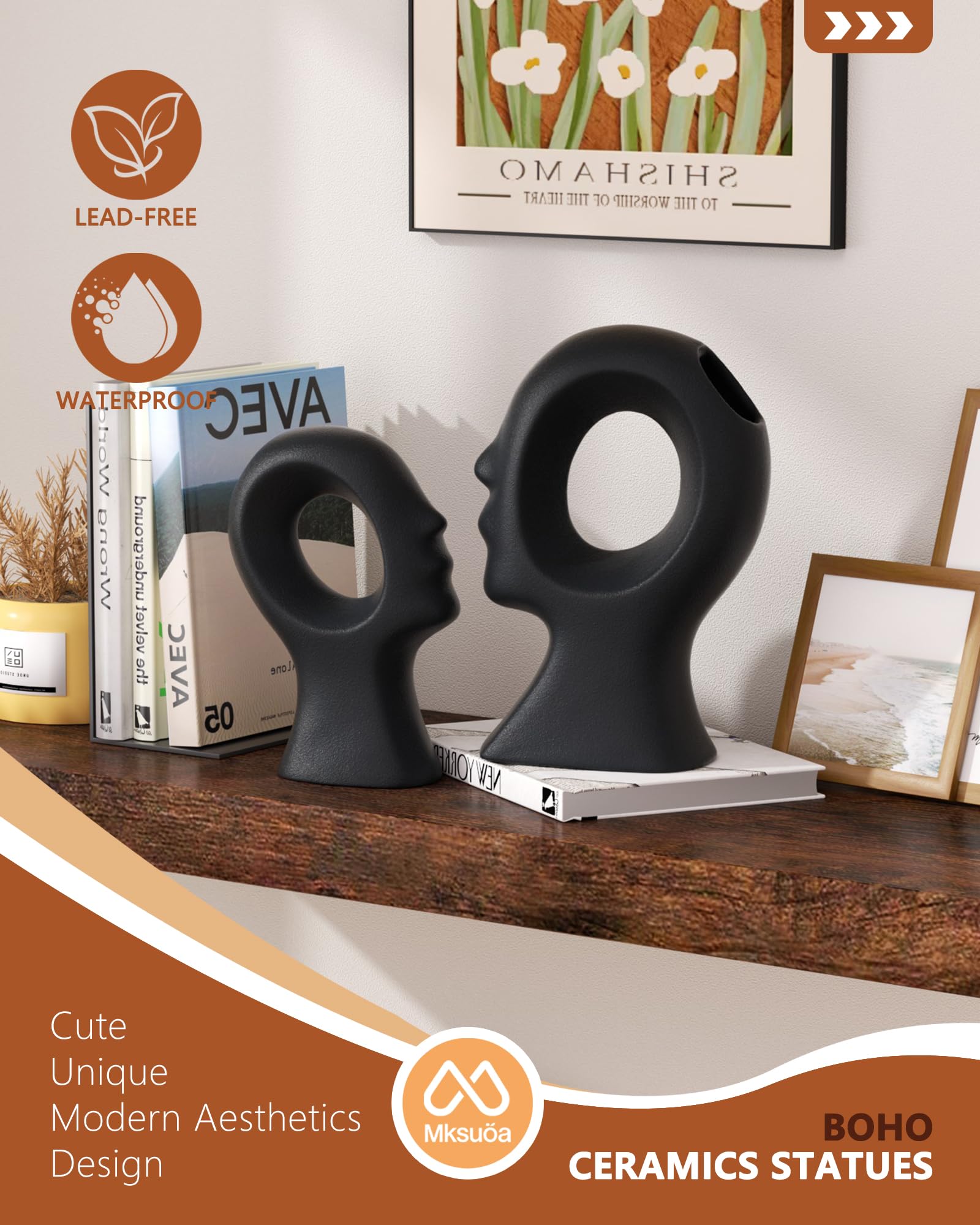 Zestaw 2 statuetek dla par, nowoczesny nordycki minimalizm, estetyczna dekoracja ceramiczna, wazony, dekoracja domu, na półkę, półkę, półkę, konsolę wejściową, prezenty ślubne dla par 2025 (czarne)