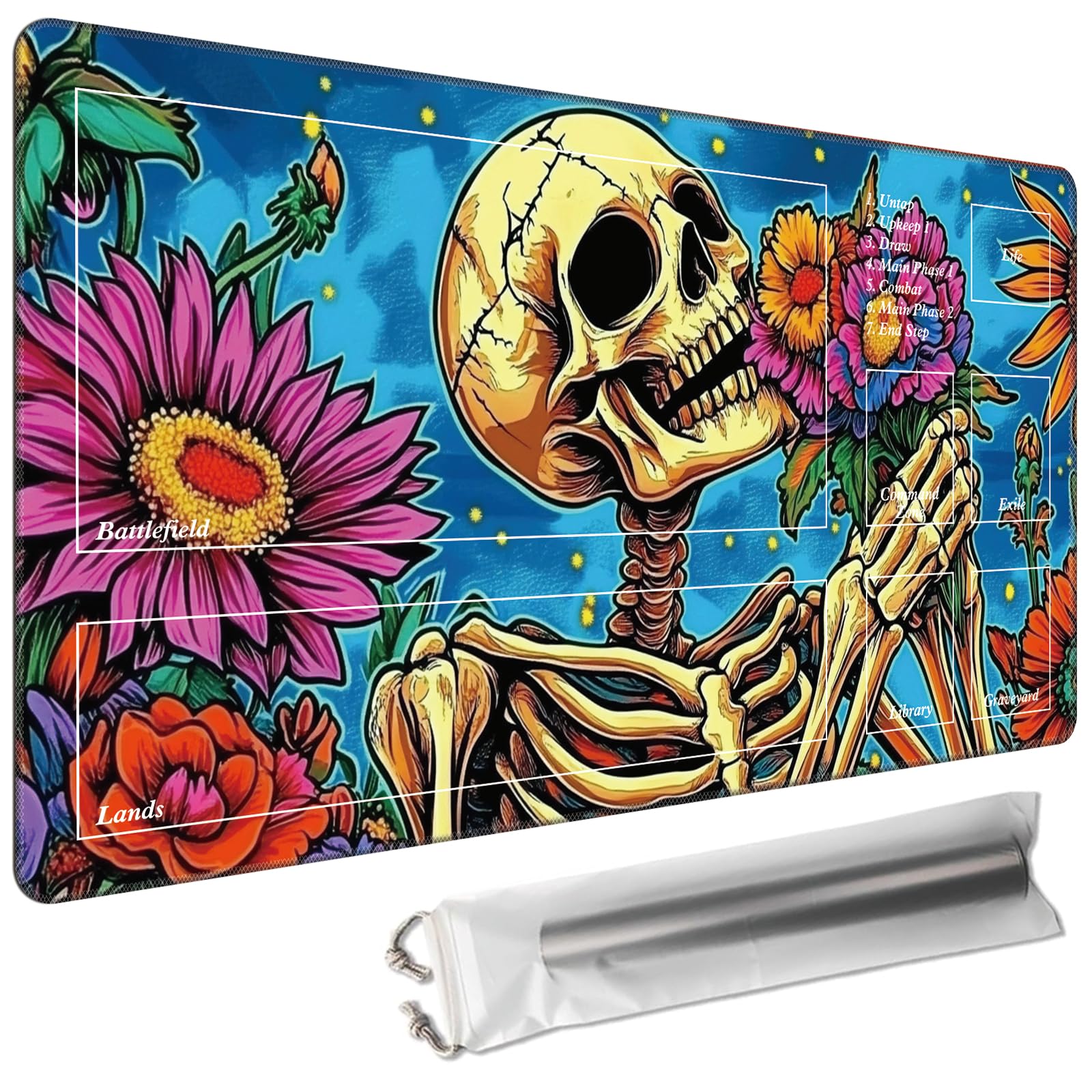 Cdkfxjy MTG Playmat with Magic Zone 27.5 x 15.7in Includes Storage Bag,TCG Playmat with Soft Surface Premium Non-Slip Rubber Backing Stitched Edges Durable Gaming Mat,Skeleton Holding Flowers — image 1