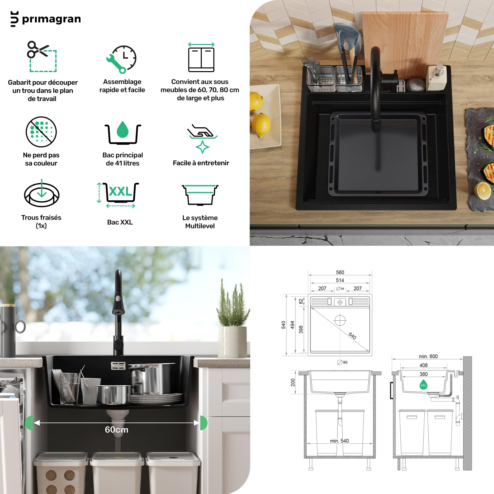 PRIMAGRAN Evier Cuisine en Granit au Meuble 60cm + Robinet, 56x54cm