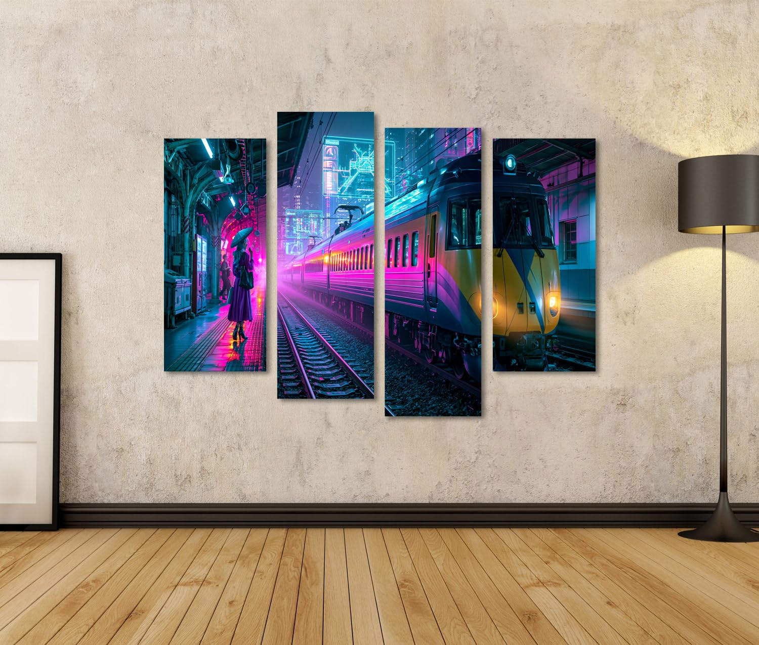 islandburner Quadro su tela, futuristico, stazione ferroviaria cyberpunk, da parete, per soggiorno, per appassionati di fantascienza, 4 pezzi