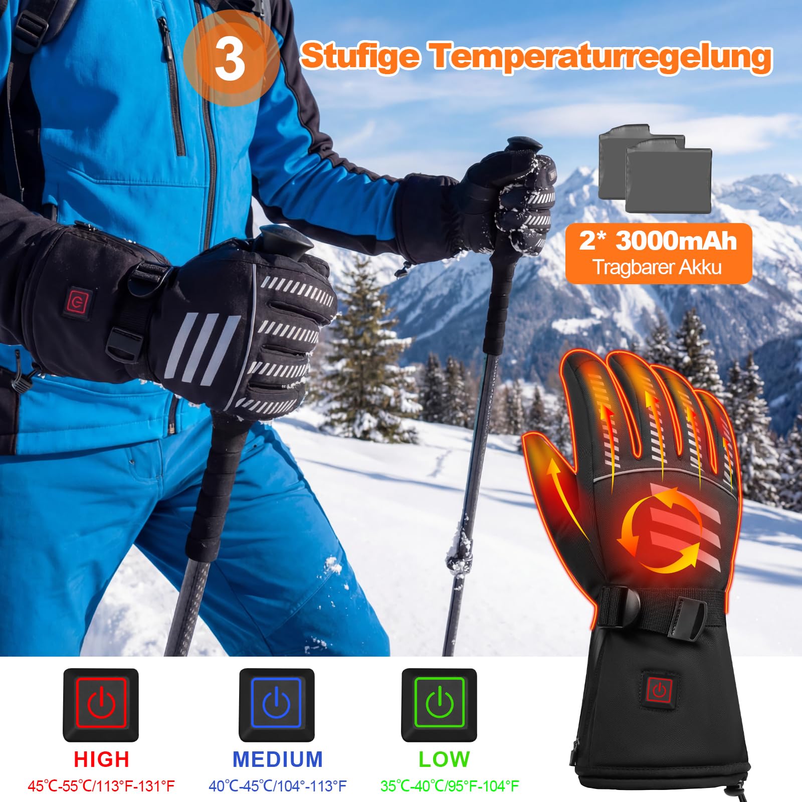Gants Chauffants Rechargeables 7.4V 3000mAh - Gants de Ski et Moto Chauffants Homme Femme - 3 Niveaux de Chauffage, Imperméables, Tactiles - pour Randonnée, Chasse, Randonnée Hivernale