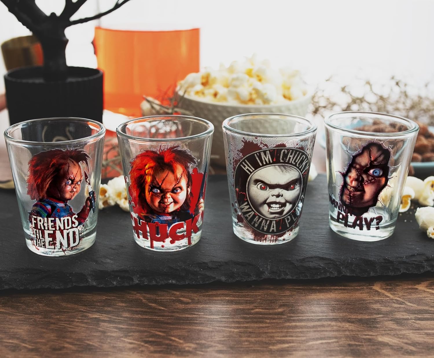Child's Play Chucky 2-Ounce Mini Whiskey Shot Glasses, Set of 4 | Home Bar Drinkware - Image 9