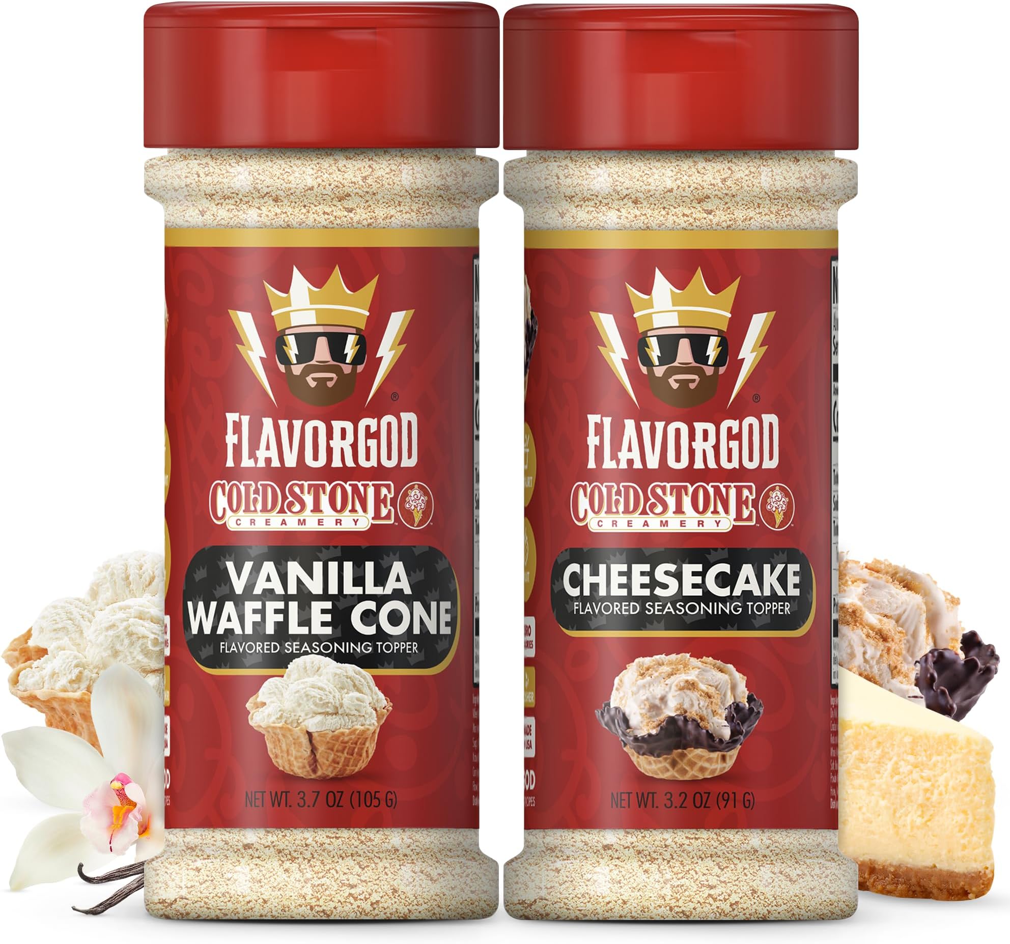 Cold Stone Creamery Ice Cream Seasoning Toppers by FlavorGod (2-Pack) - Healthy Dessert Toppers - 0 Calories, 0 Sodium, Kosher - Try with Coffee, Yogurt, & Ice Cream - Cheesecake & Vanilla Combo
