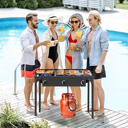 Miniatura 7 de Karl home Estufa de gas propano de 3 quemadores para cocinar al aire libre, cocina de campamento de 225,000 BTU con patas extraíbles y regulador PSI