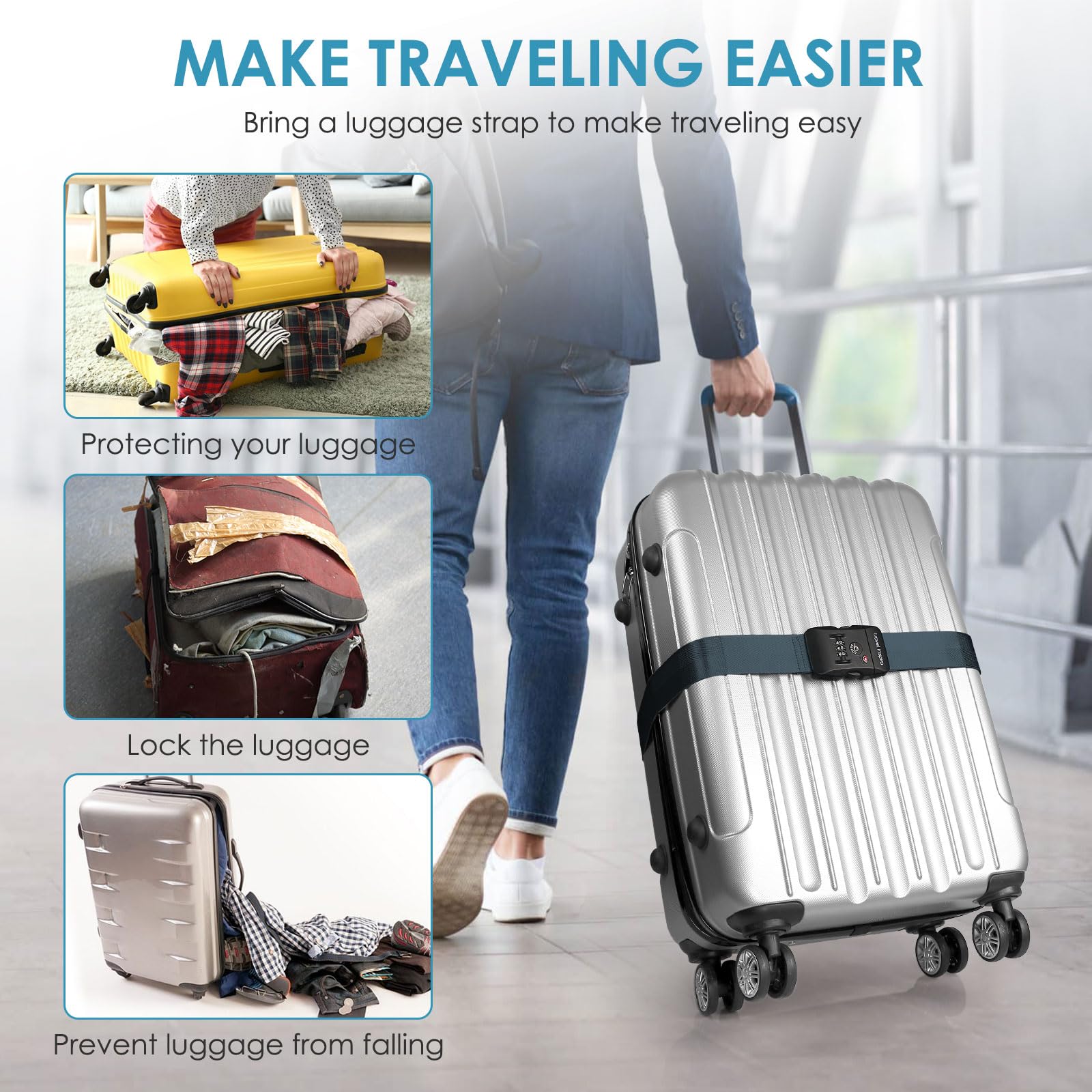 Travel Inspira Paski bagażowe z zamkiem szyfrowym TSA – regulowane, łatwe w użyciu, chronią bagaż, granatowe