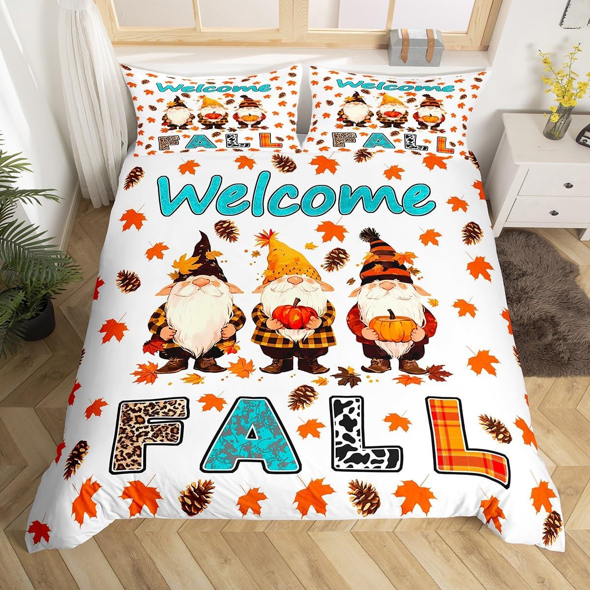 Castle Fairy Autumn Gnome Duvet Cover Toddler Size,Happy Fall Themed Comforter Cover with 1 Pillowcase,Rustic Fallen Leaves Bedding Set 2pcs,Vintage Country Decor Quilt Cover,Not Comforter