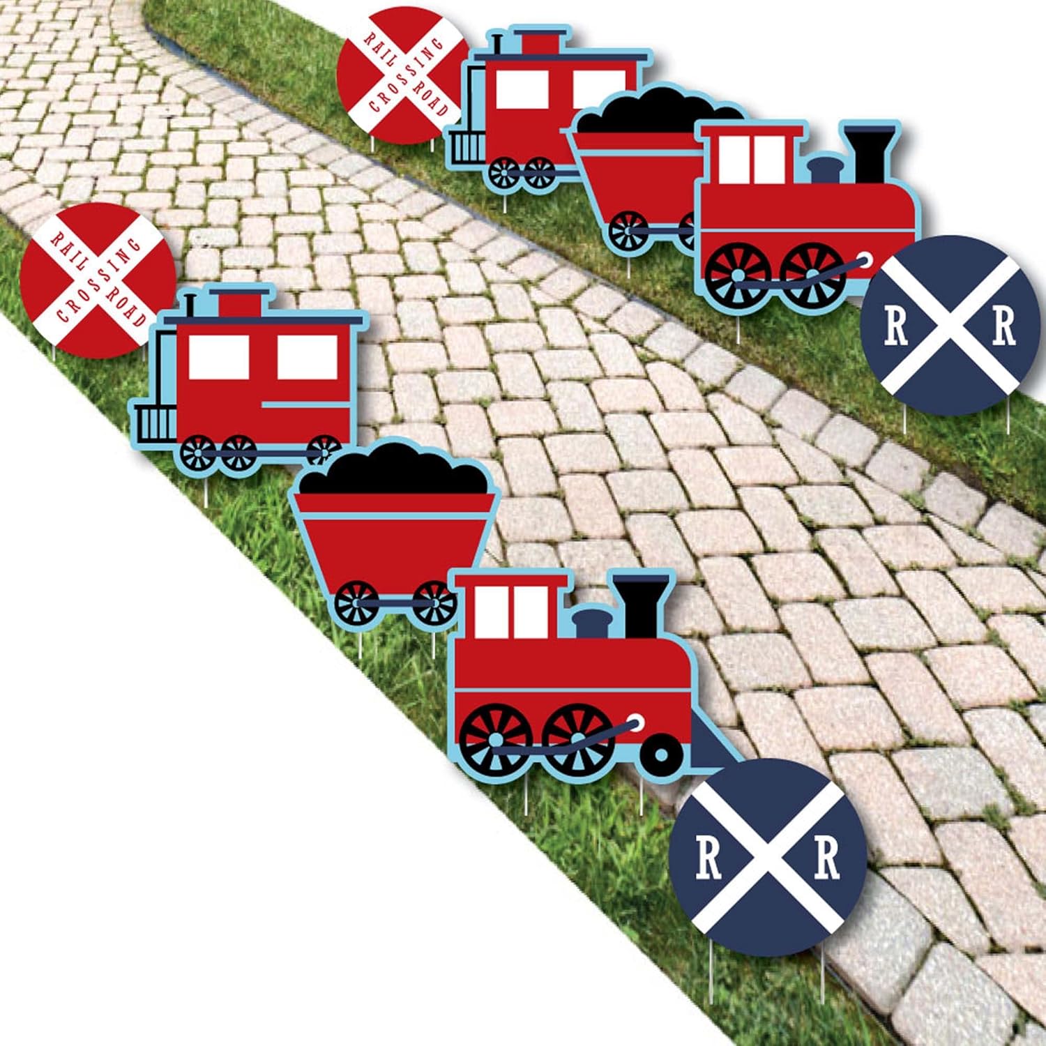 Big Dot of Happiness Railroad Party Crossing - Train Lawn Decorations - Outdoor Steam Train Birthday Party or Baby Shower Yard Decorations - 10 Piece