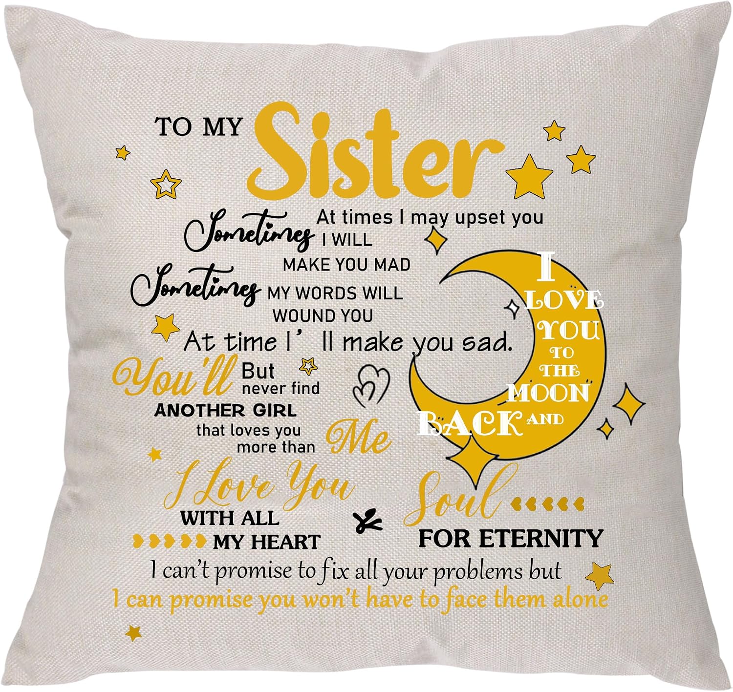 Sister Pillowcase Gift, Funny Sisters Pillow Cover, 18x18 Inch, Beige Linen, Letter Print, Home, Bedroom, Living Room, Office, Car, Party, Wedding, Outdoor