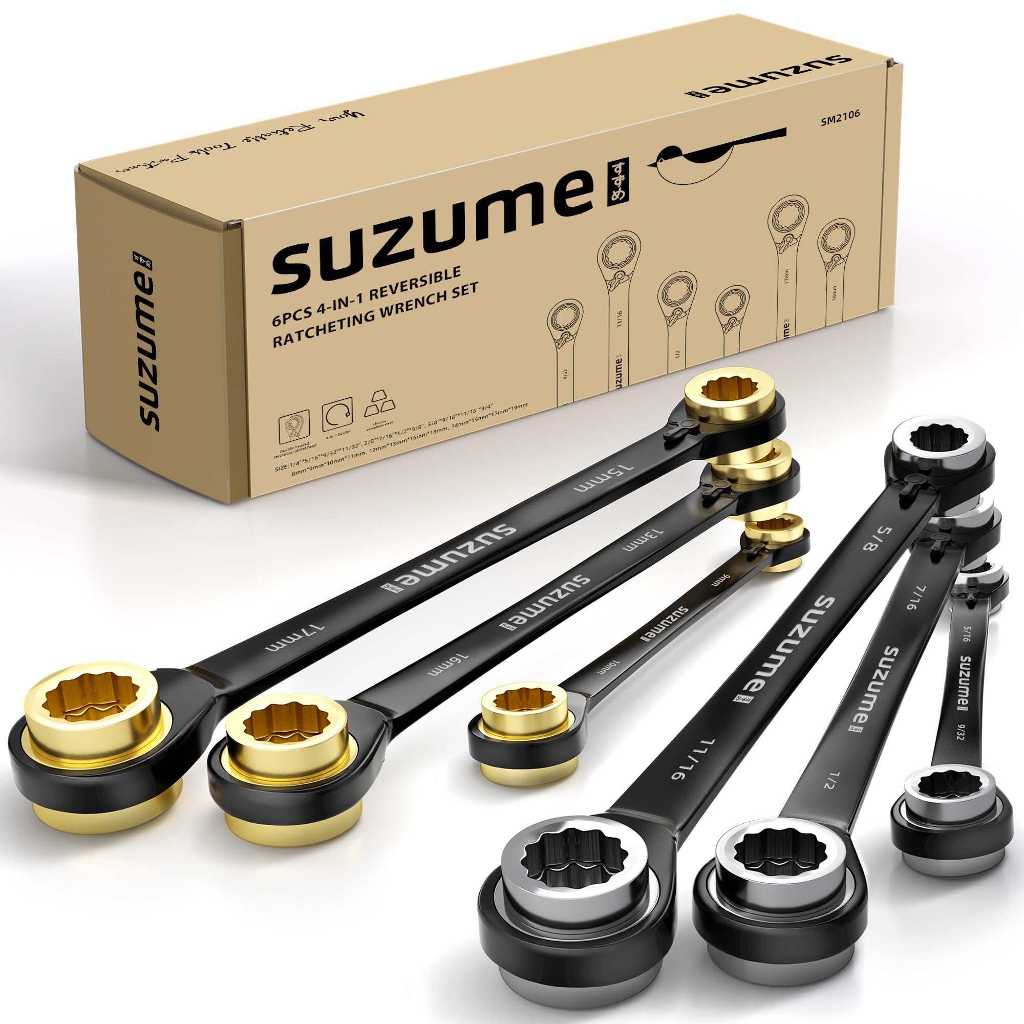 SUZUME 6PCS 4 in 1 Ratchet Wrench Metric (8-19mm) SAE (1/4"-3/4") | Reversible Ratcheting…